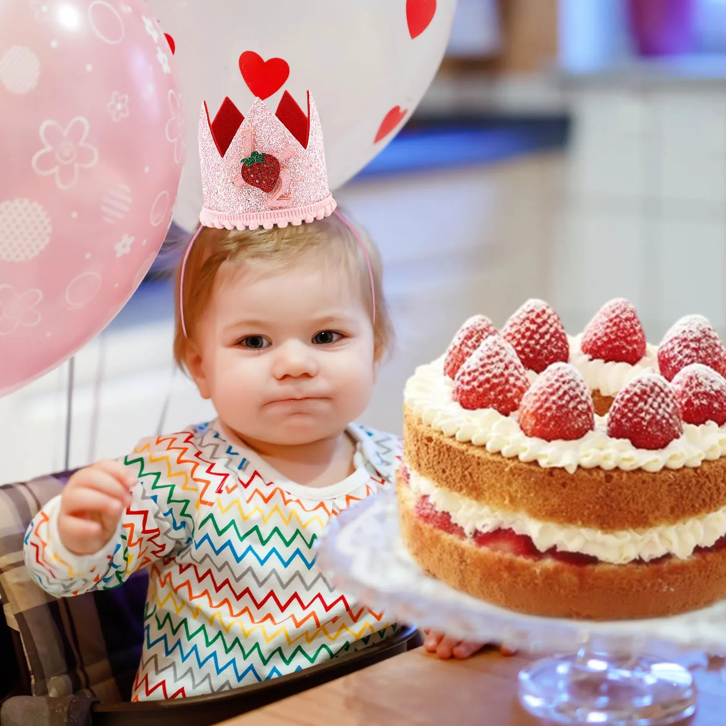 PEUTIER Chapeau Fraise 1/2 Anniversaire, Demi-Anniversaire Baies Roses Couvre-Chef pour Décoration Fête Baby Shower