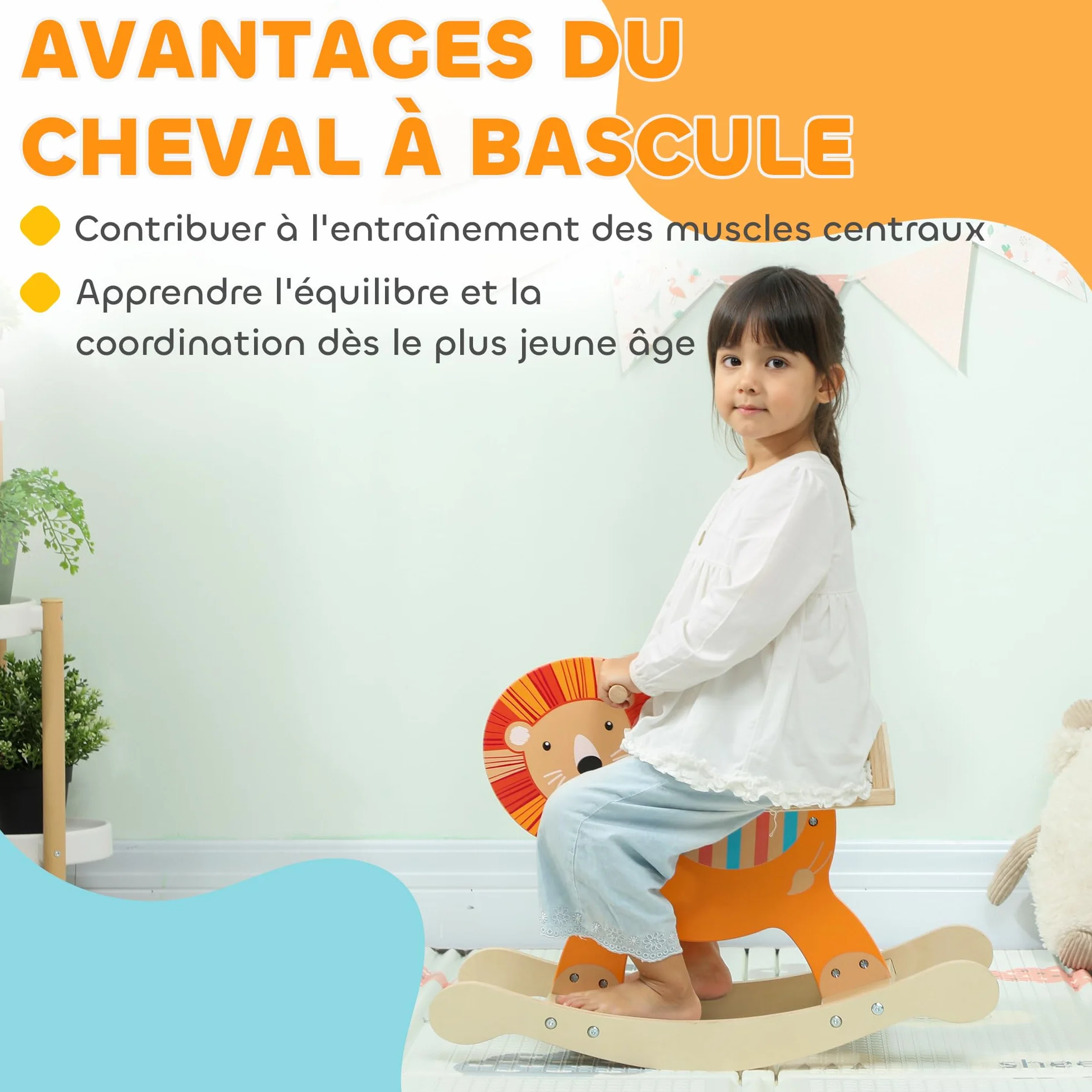 AIYAPLAY Cheval à Bascule en Bois pour Enfants 2-5 Ans, Jouet à Bascule Lion avec Guidon, Orange