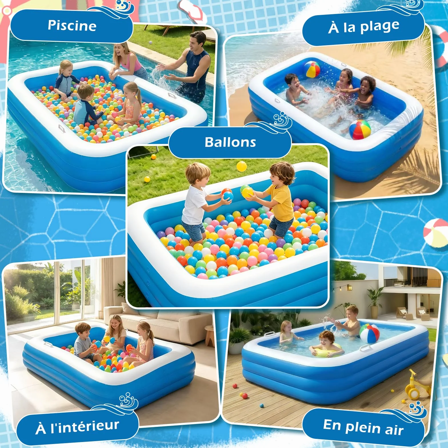 Piscine Gonflable Enfants Rectangulaire avec Ballons et Pistolets à Eau, Pataugeoire pour Jardin Extérieur Été (Bleu)