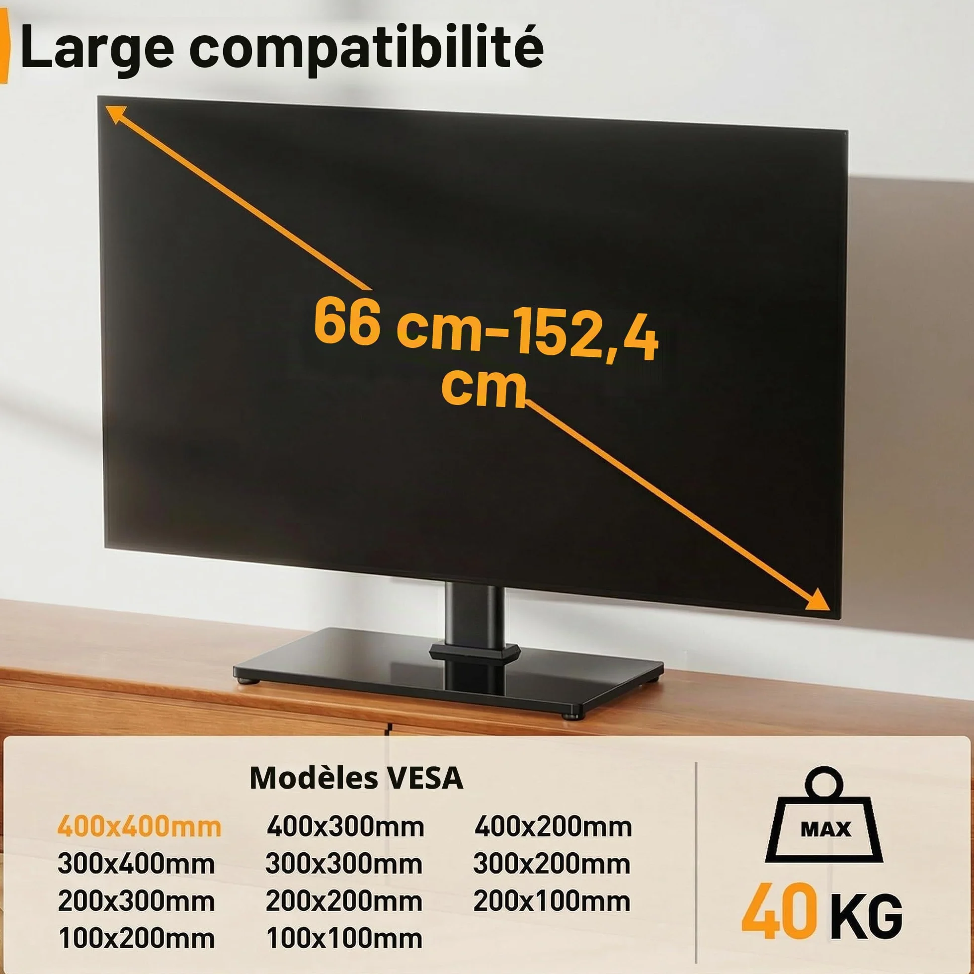 Support TV sur Pied Pivotant Réglable en Hauteur 26-60 Pouces VESA 400x400 mm 40 kg Base Verre Trempé