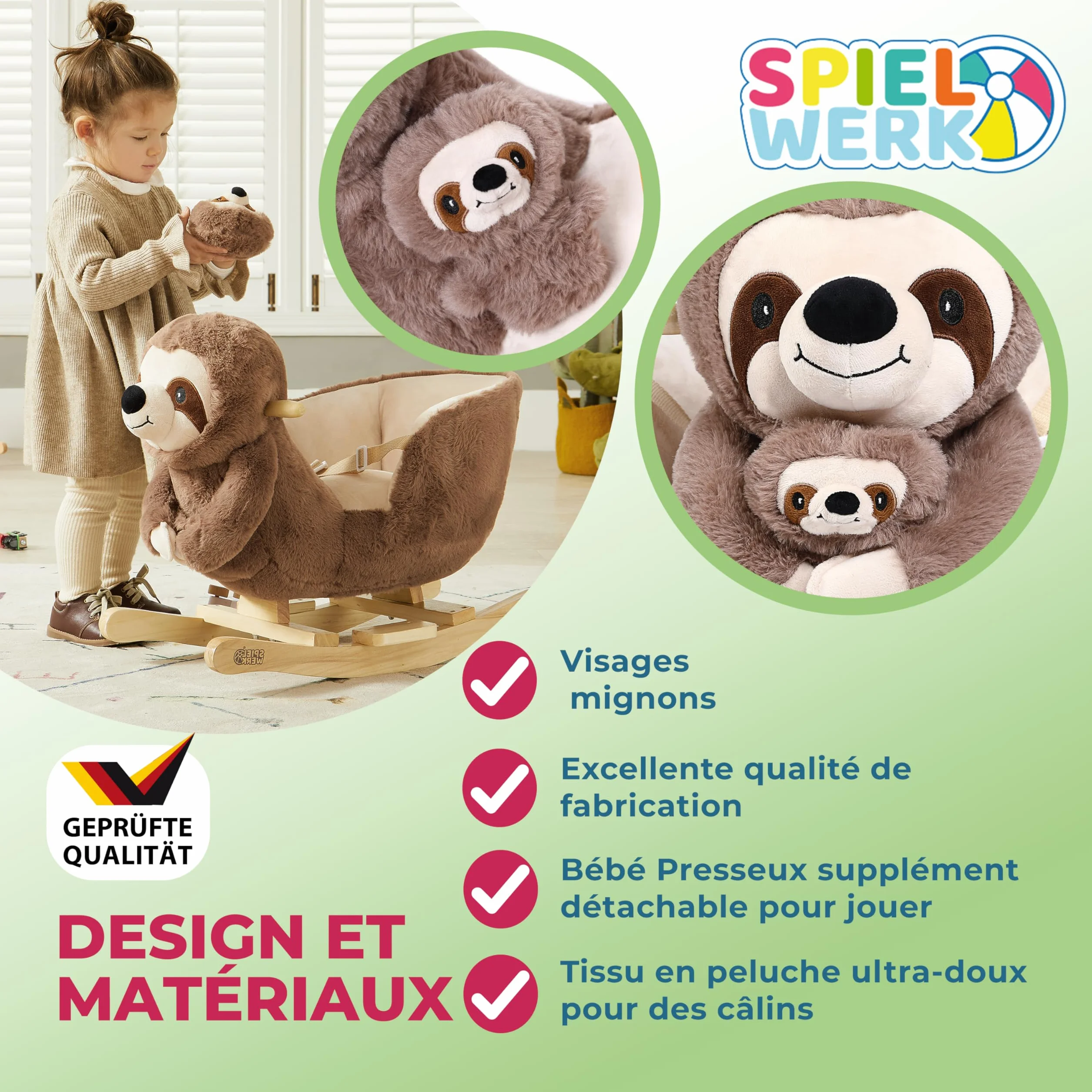 SPIELWERK® Paresseux à Bascule Animal en Peluche avec Ceinture Sécurité et Fonction Sonore