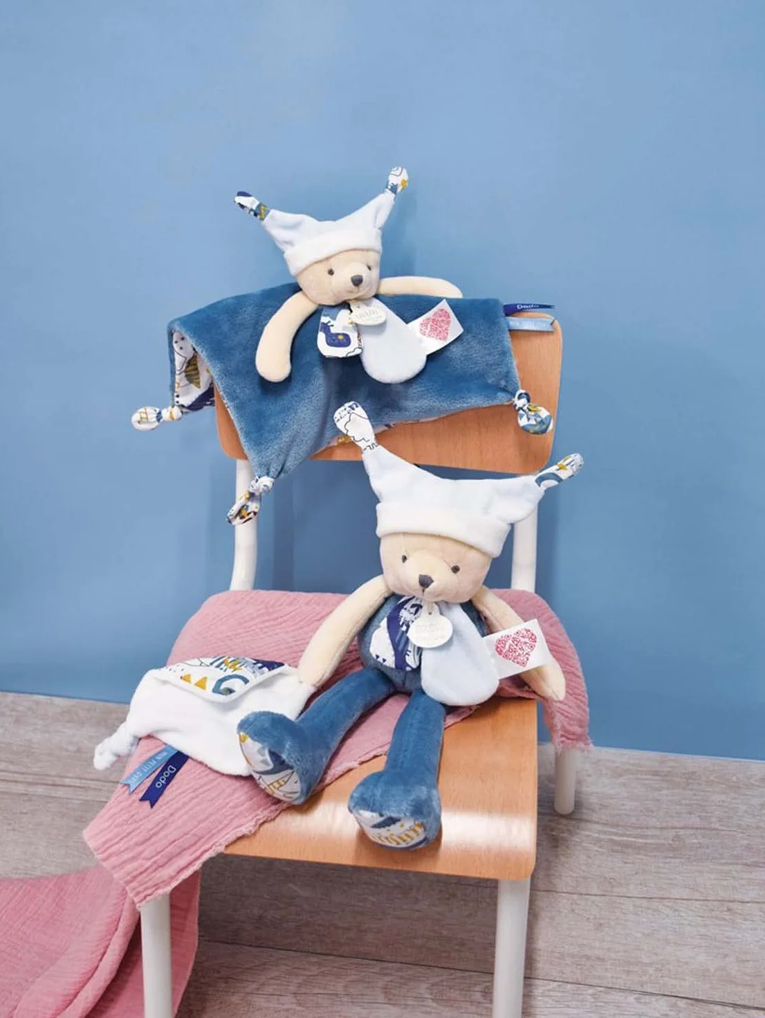 Doudou Plat Ours Bleu 25 cm Avec Bonnet Rituel du Coucher - Dès la Naissance - Garantie Doudou Perdu - Idée Cadeau Bébé