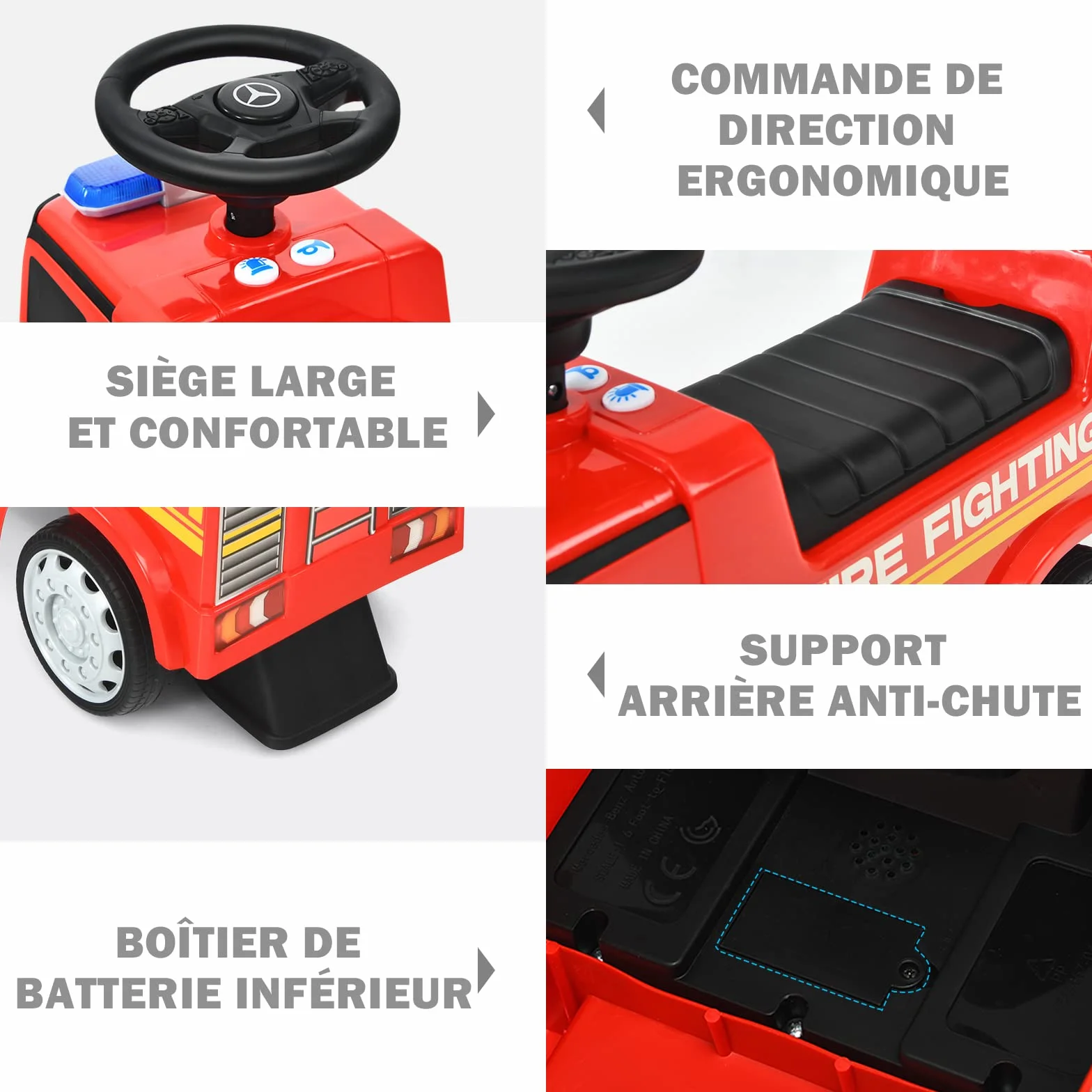 Mercedes Benz Porteur Enfants 12-36 Mois Voiture Pompiers Trotteur Sonore Lumière 25KG 62x29x43cm