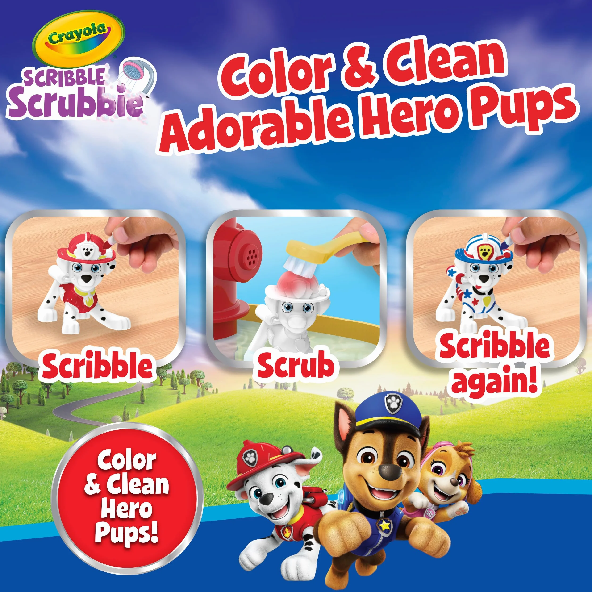 CRAYOLA Washimals Pat' Patrouille Kit Activité 5 bébés Animaux 8 Feutres Lavables Baignoire Douche Petite Brosse Jeu Enfants 3 Ans