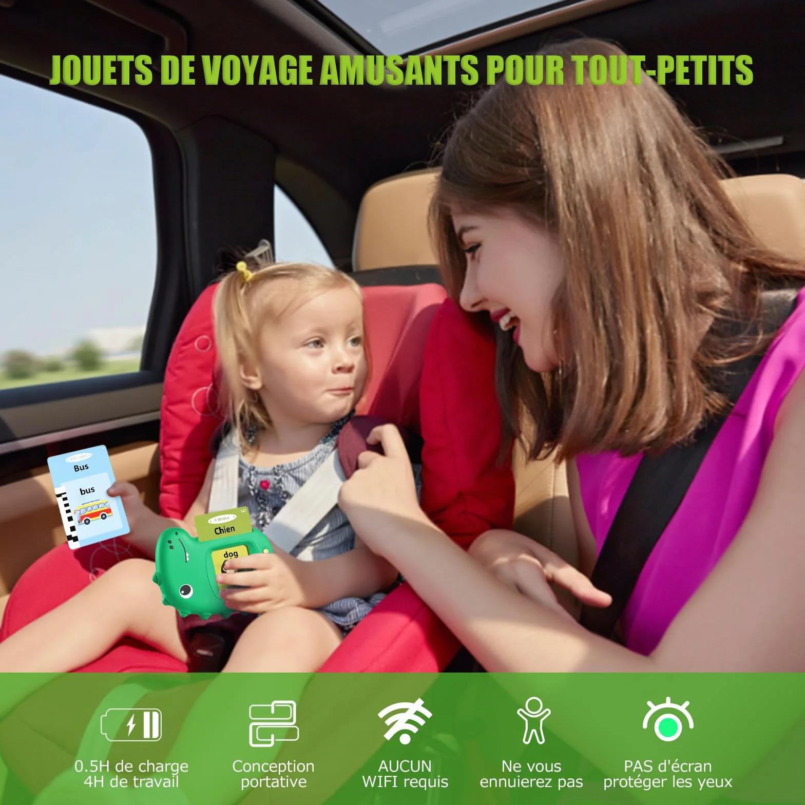 Cartes Flash Parlantes Éducatives 112 Feuilles 224 Mots Montessori Jouets pour Enfants 2-6 Ans Vert Français