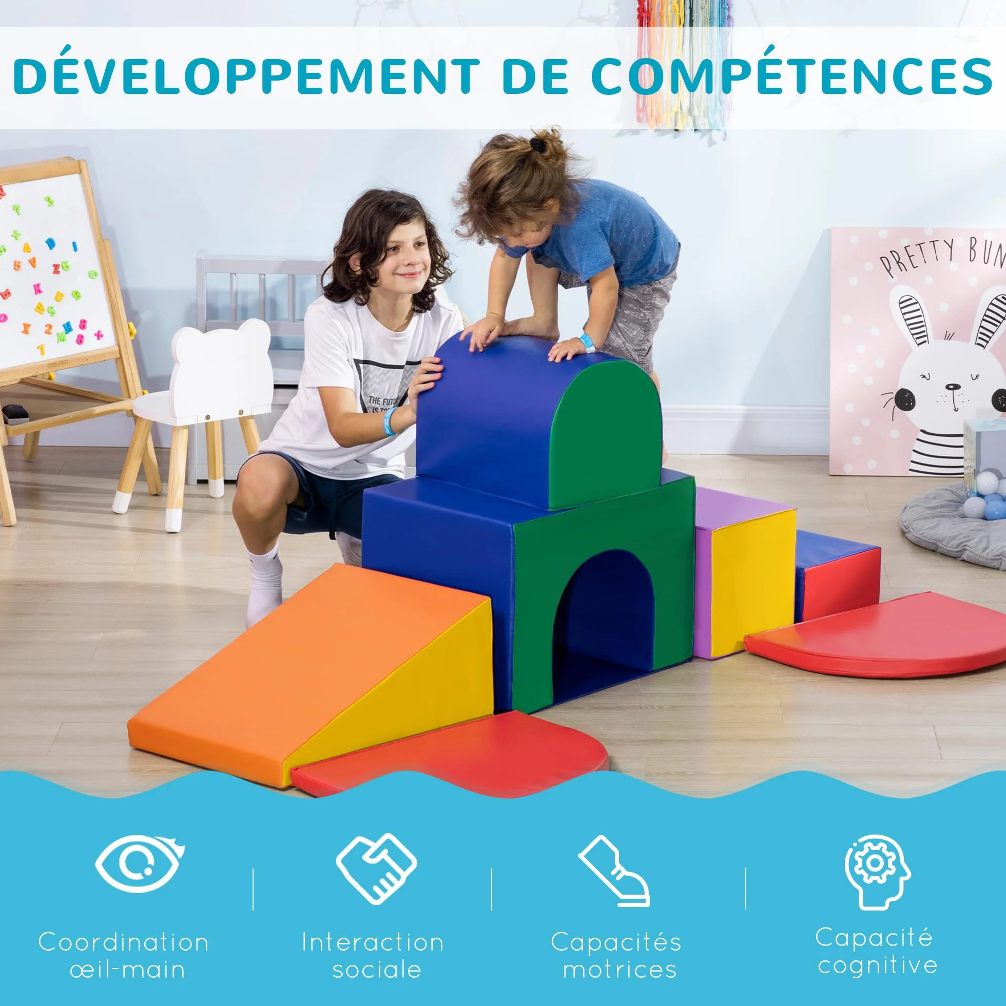 HOMCOM Parcours motricité bébé 7PCS, Jouet d'escalade en mousse, Blocs de construction avec revêtement synthétique, Multicolore