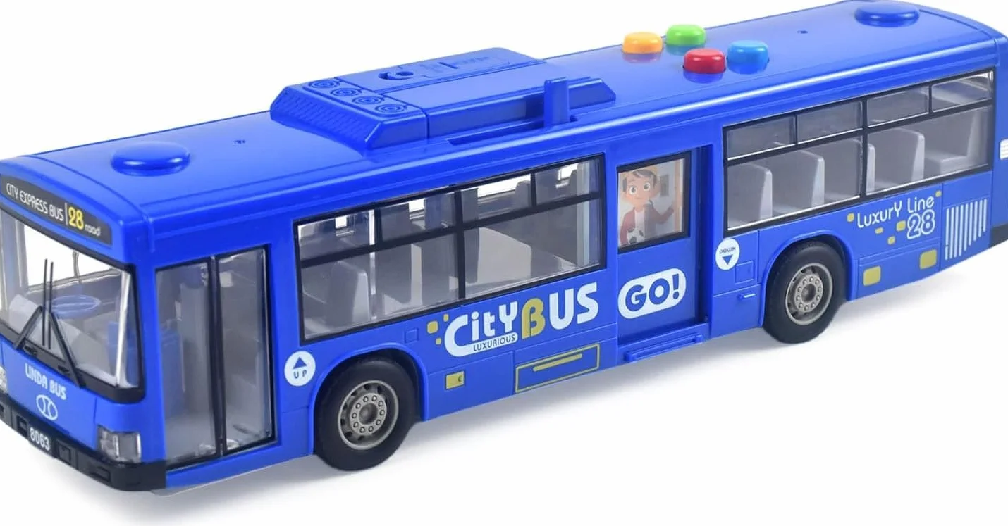 Bus jouet avec lumière et son, portes fonctionnelles, à friction, bleu, pour enfants dès 1 an