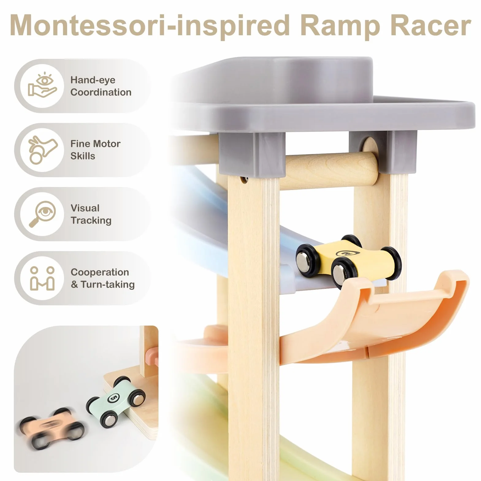 Joyreal Rampe Voiture en Bois Jeux Montessori 8 Mini Voiture Enfant Garage Bois Jouet