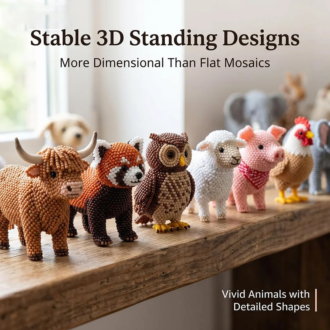 Kit DIY Animaux Miniatures Perles 3D, Kit Loisirs Créatifs Mosaïque Fait Main (Set D)