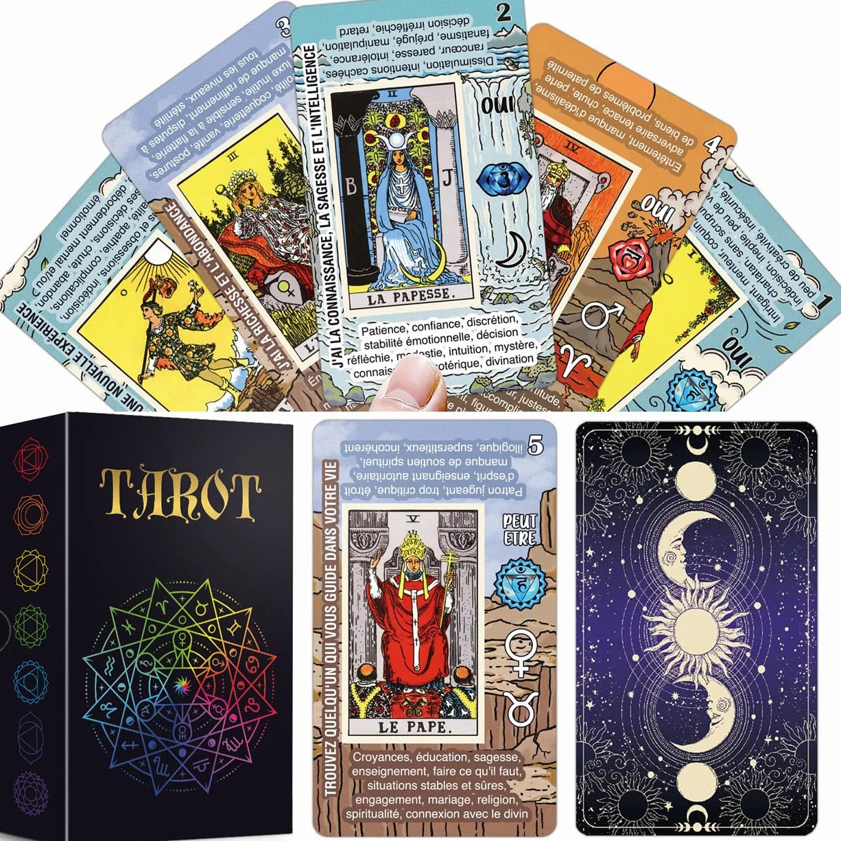 Tarot Debutant francais – Jeu Tarot Facile a Lire – Cartes Tarot avec Significations Imprimees, Oui ou Non, Astrologie, Planetes et Chakras