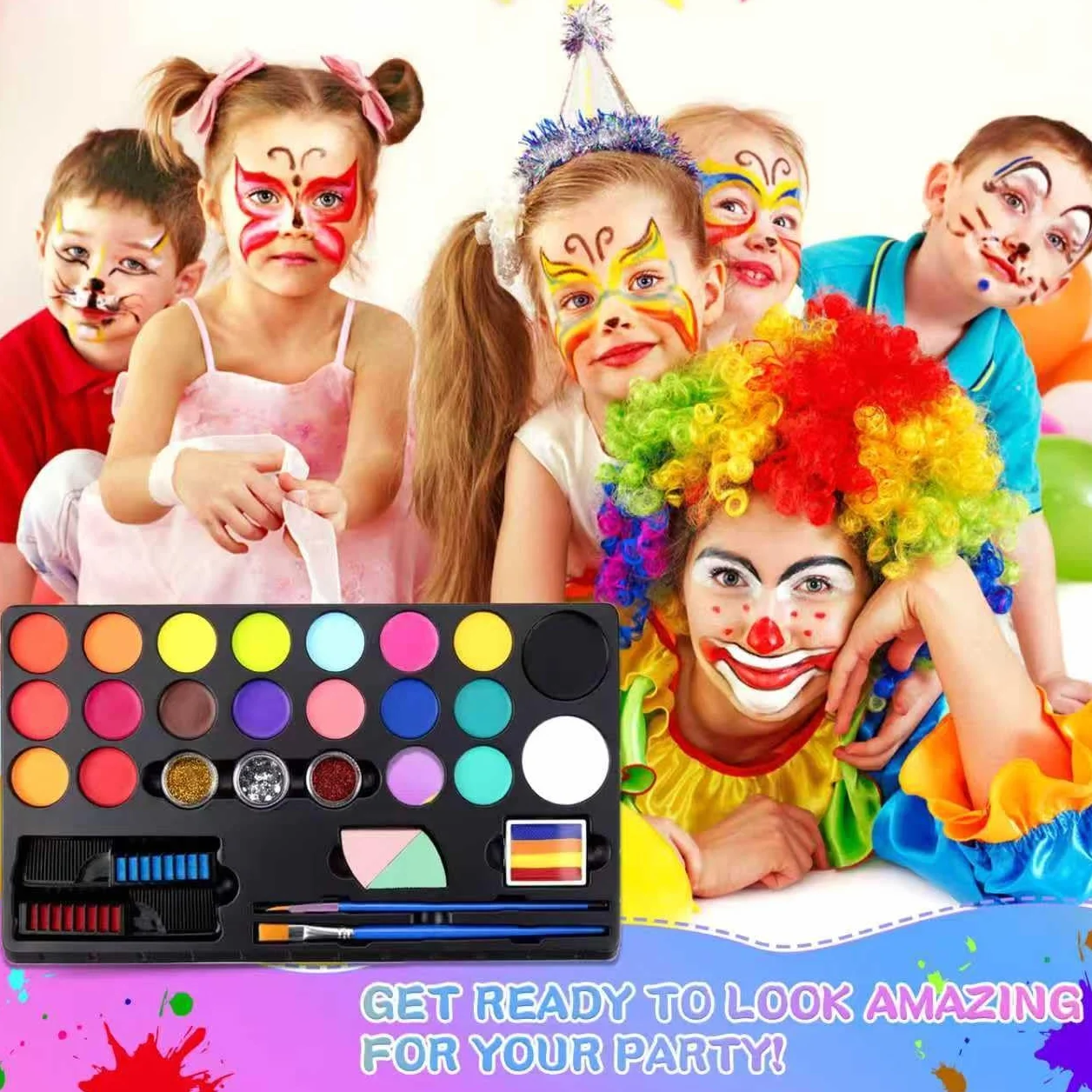 Peinture Corporelle Visage 20 Couleurs Palette Maquillage Enfants avec 2 Pinceaux 60 Pochoirs Halloween Noël Carnaval
