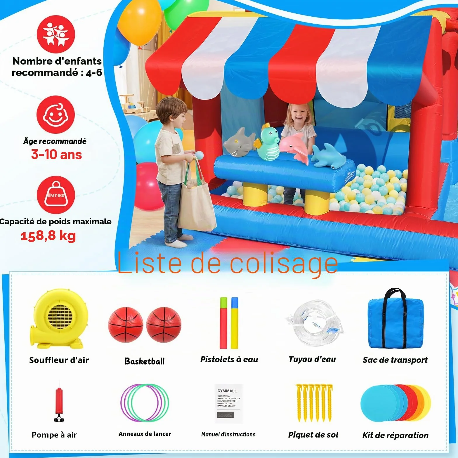Château Gonflable 10-en-1 Enfants avec Toboggan Aquatique, Pataugeoire, Trampoline, Souffleur 550W