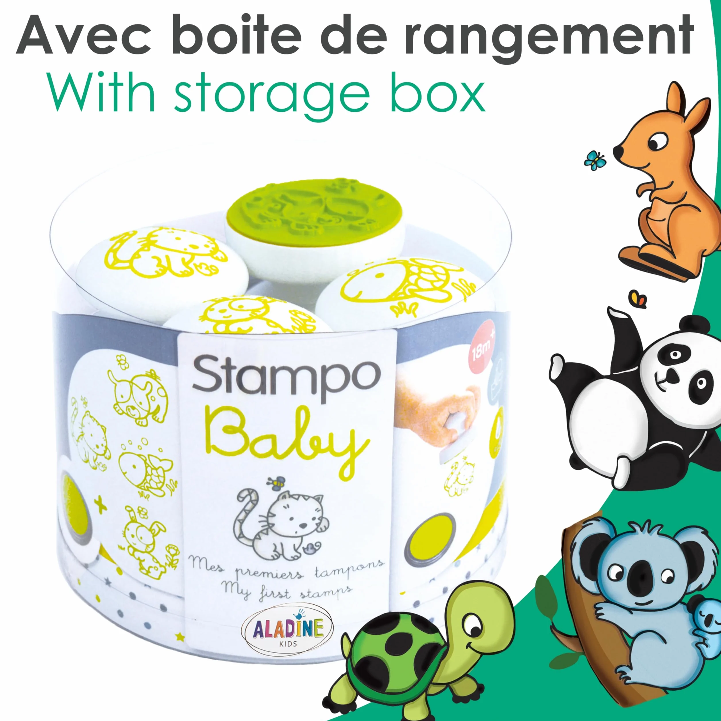 Aladine Stampo Baby 4 Tampons Animaux avec Encreur, Encre Lavable, Activité Manuelle Enfant 2 Ans