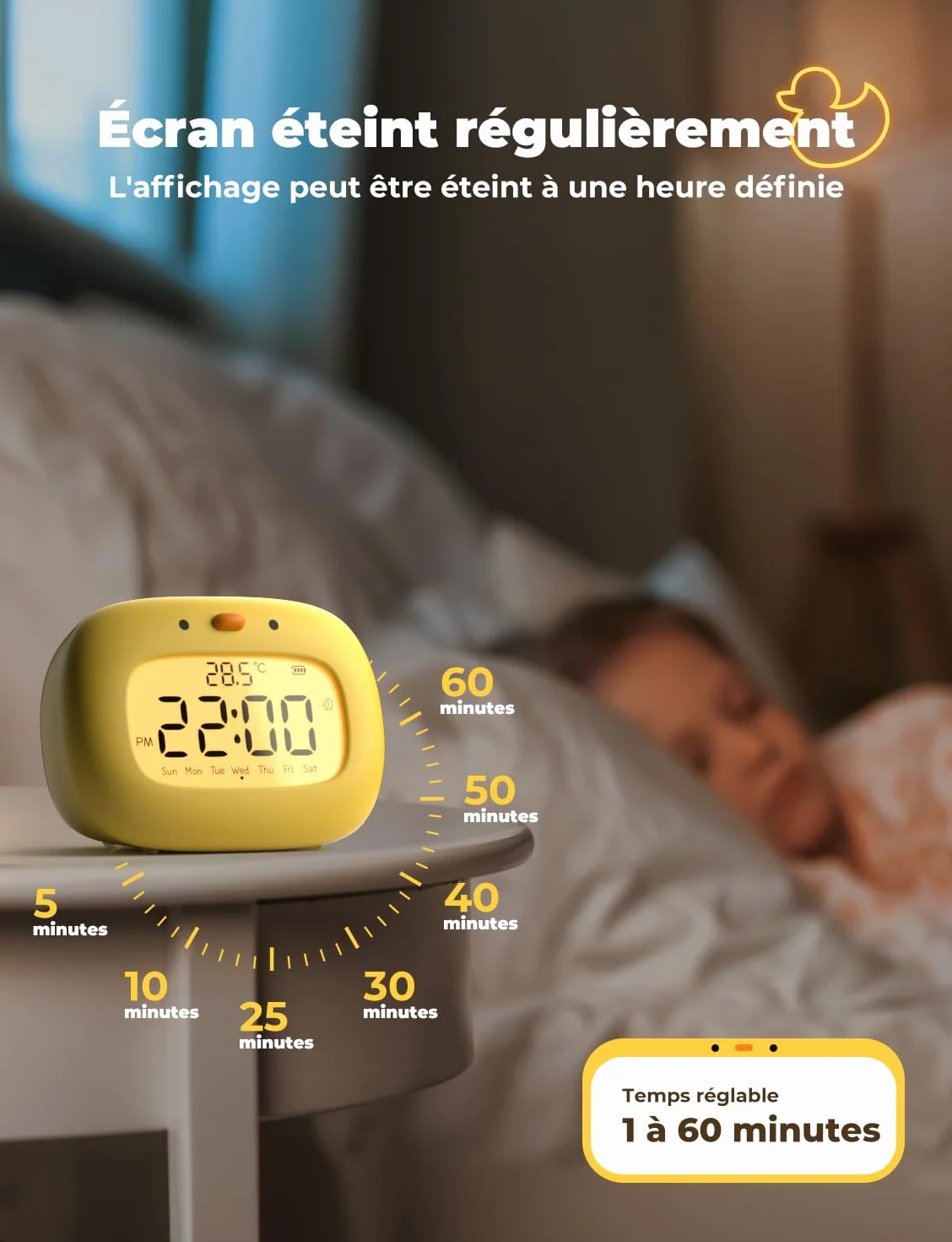 YISSVIC Réveil Enfant Numérique 3 Alarmes 12/24 Heure Snooze Minuterie Affichage Semaine Type C Rechargeable Forme Canard