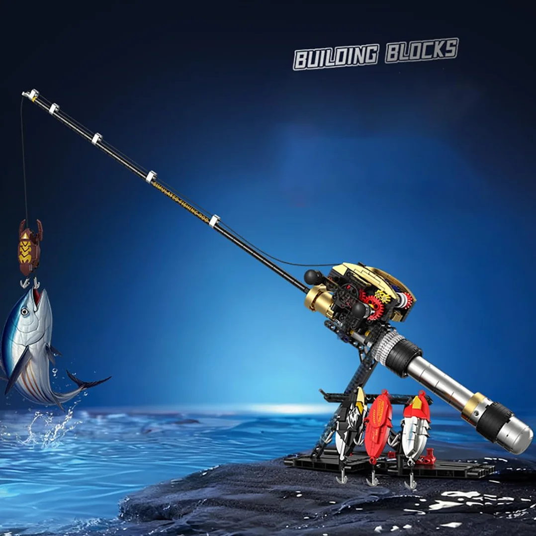Canne à Pêche Maquette Blocs de Construction 425 Pièces Moulinet de Pêche avec Leurres Kit Jouet pour Adultes