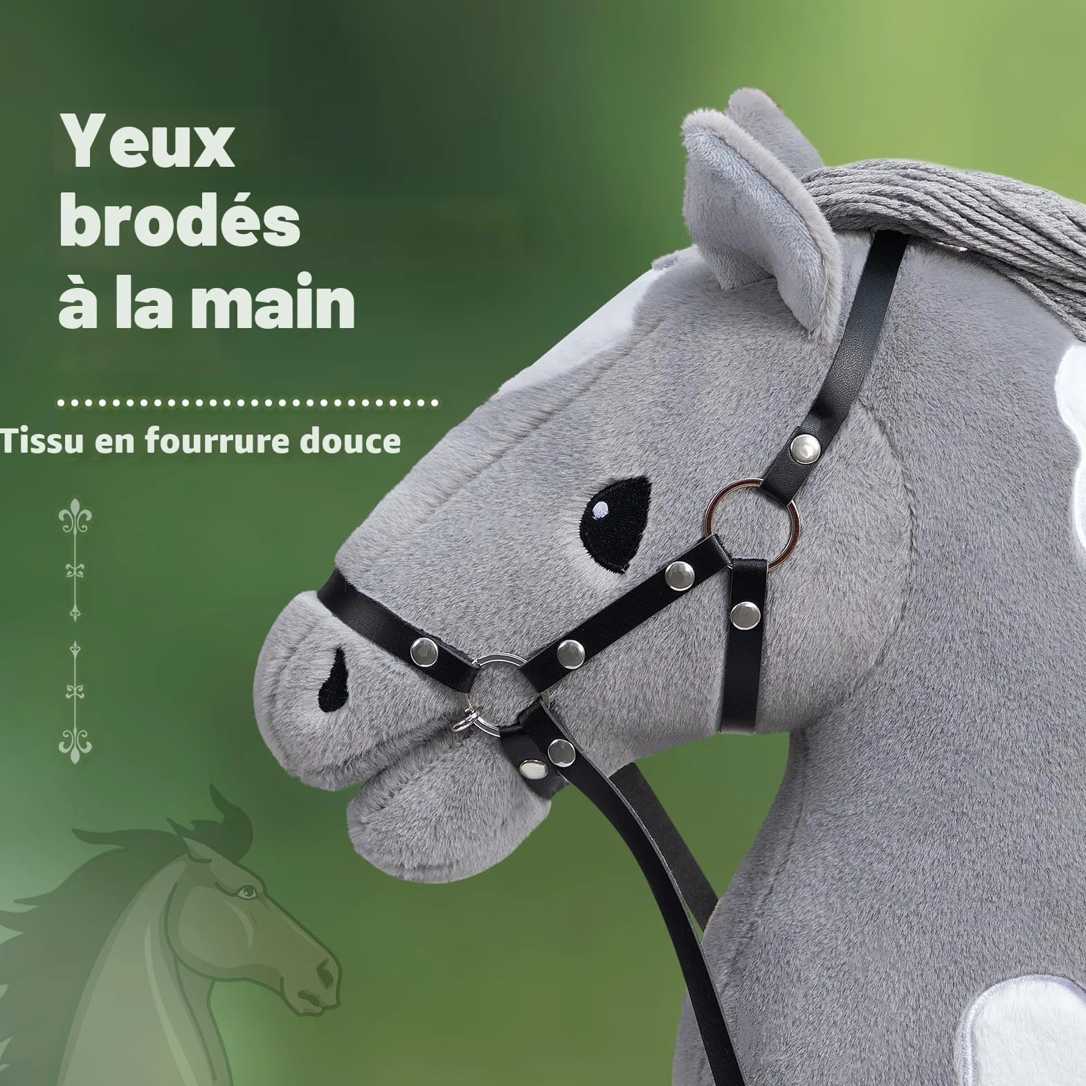 BEJOY Stick Horse Hobby Cheval sur Bâton avec Licou et Rênes Gris-Blanc