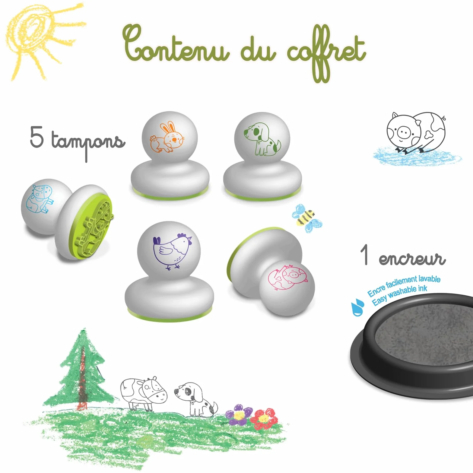 Créa Lign' Mes 1ers Tampons Animaux Ferme 12 Mois+ Encre Lavable