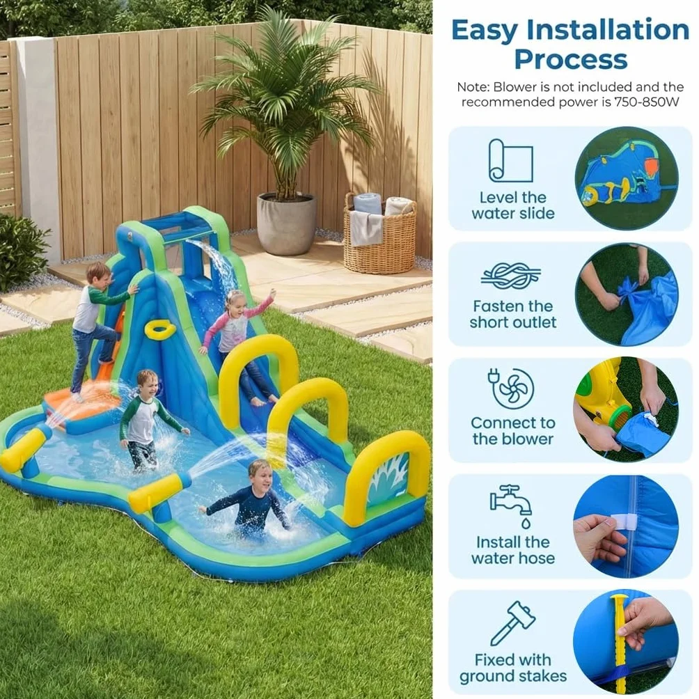 GIANTEX Château Gonflable avec Toboggan Aquatique, Aire de Jeux Gonflable pour Enfants 3-12 Ans