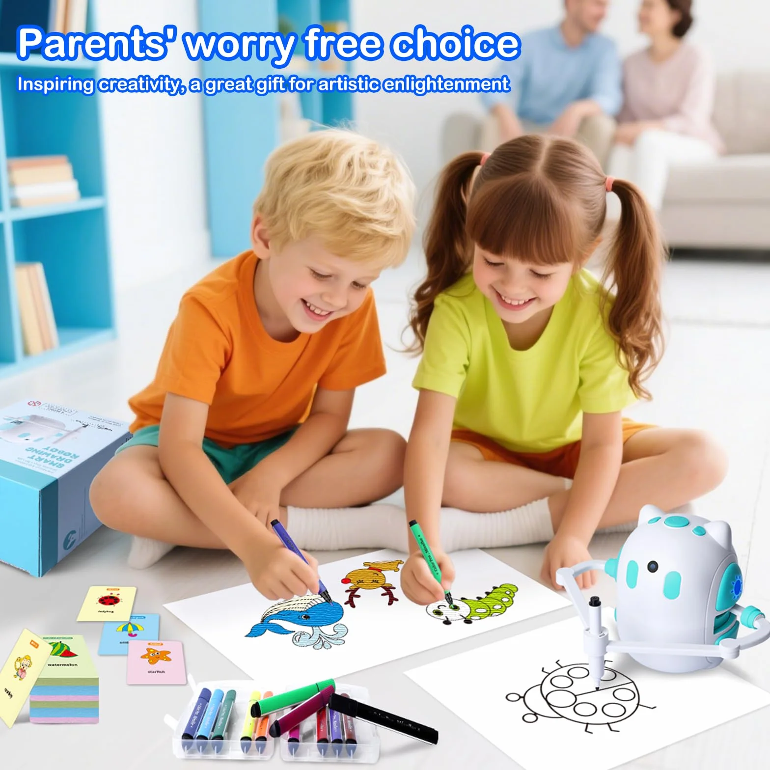 Robot de dessin pour enfants 150 cartes éducatives avec guide vocal Montessori Cadeau Anniversaire Noël 3-8 ans