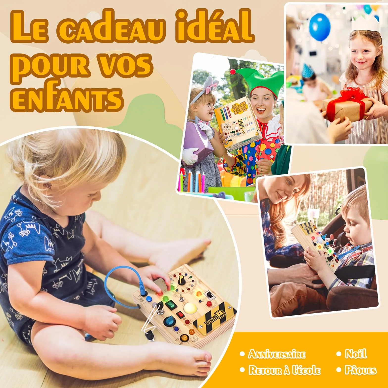 Busy Board Montessori 1 an Tableau d'Activités Horloge en Bois Sensorielle 10 Interrupteurs 23 Lumières LED Jeu Éducatif Motricité Fine