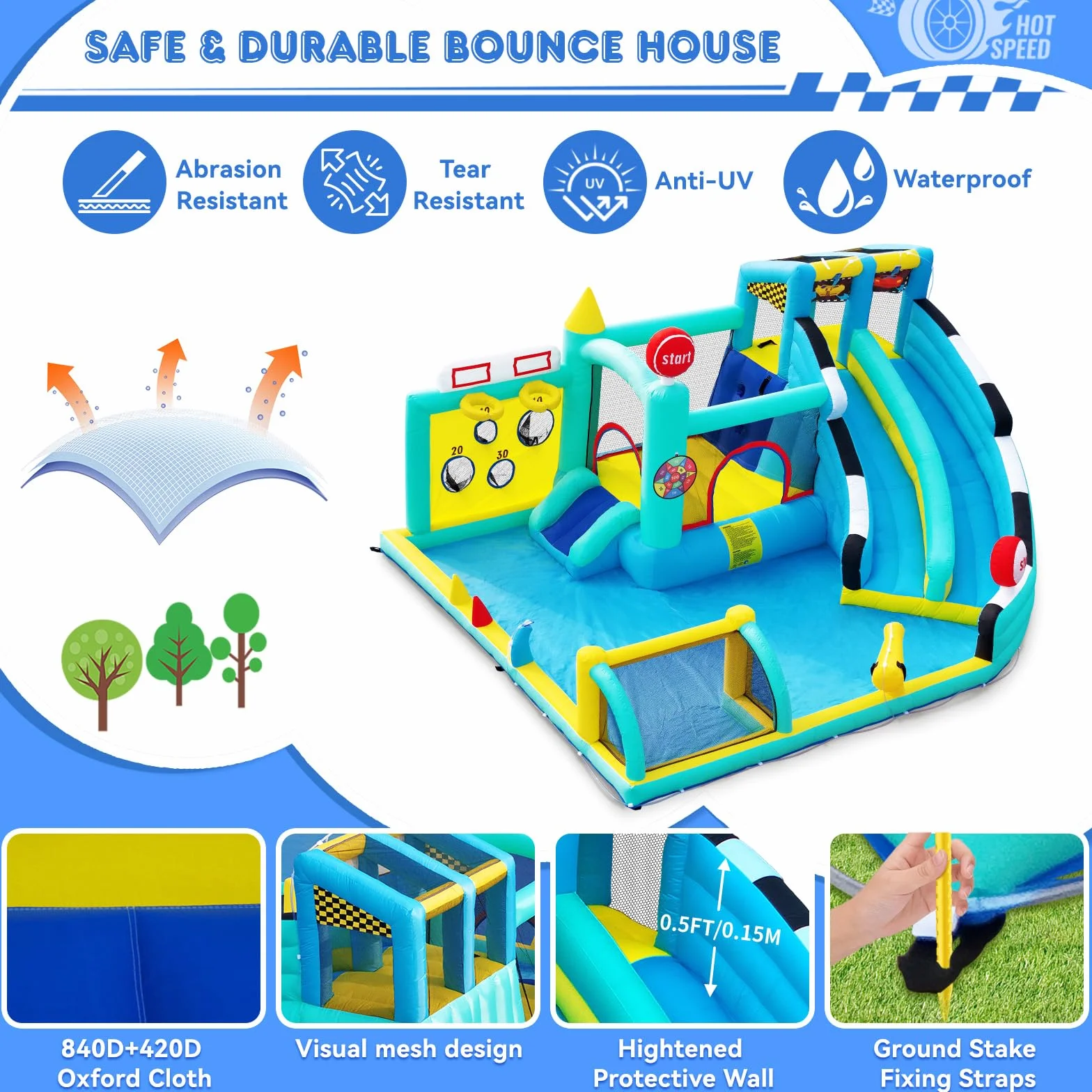 Château Gonflable XXL avec Toboggan pour Enfants Extérieur, Aire de Jeux avec Trampoline, Murs d'escalade, Piscine, 470×400×220cm, 225kg