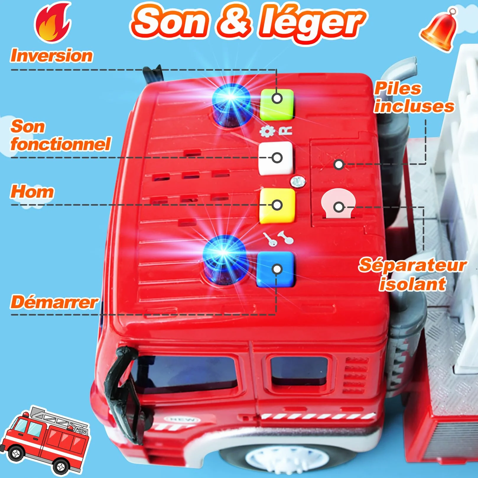 Gros Camion Pompier Jouet XXL avec Échelle Sonore et Lumineux, Fire Truck Cadeau Anniversaire Enfant 3-8 Ans Rouge