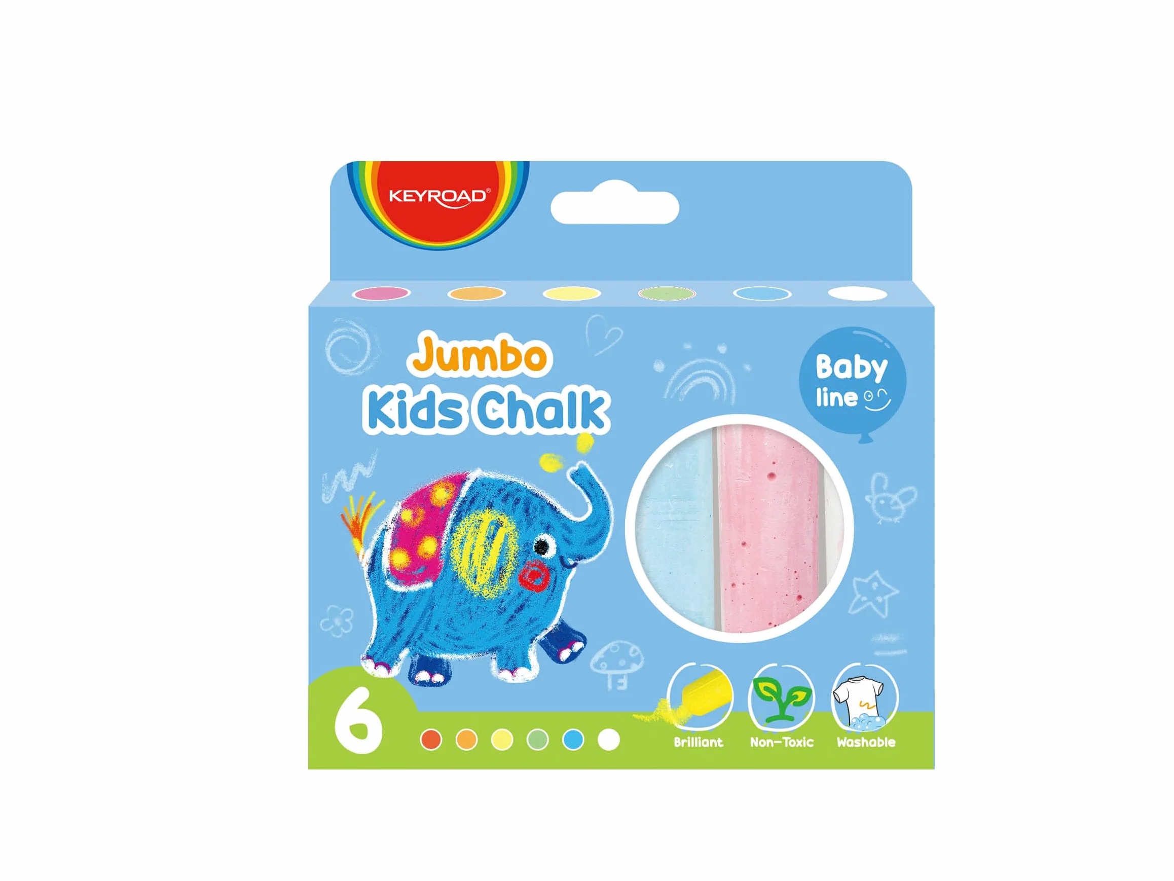 Craies de couleurs Jumbo pour enfants – Lot de 6 – Lavables – Sans toxique – Keyroad