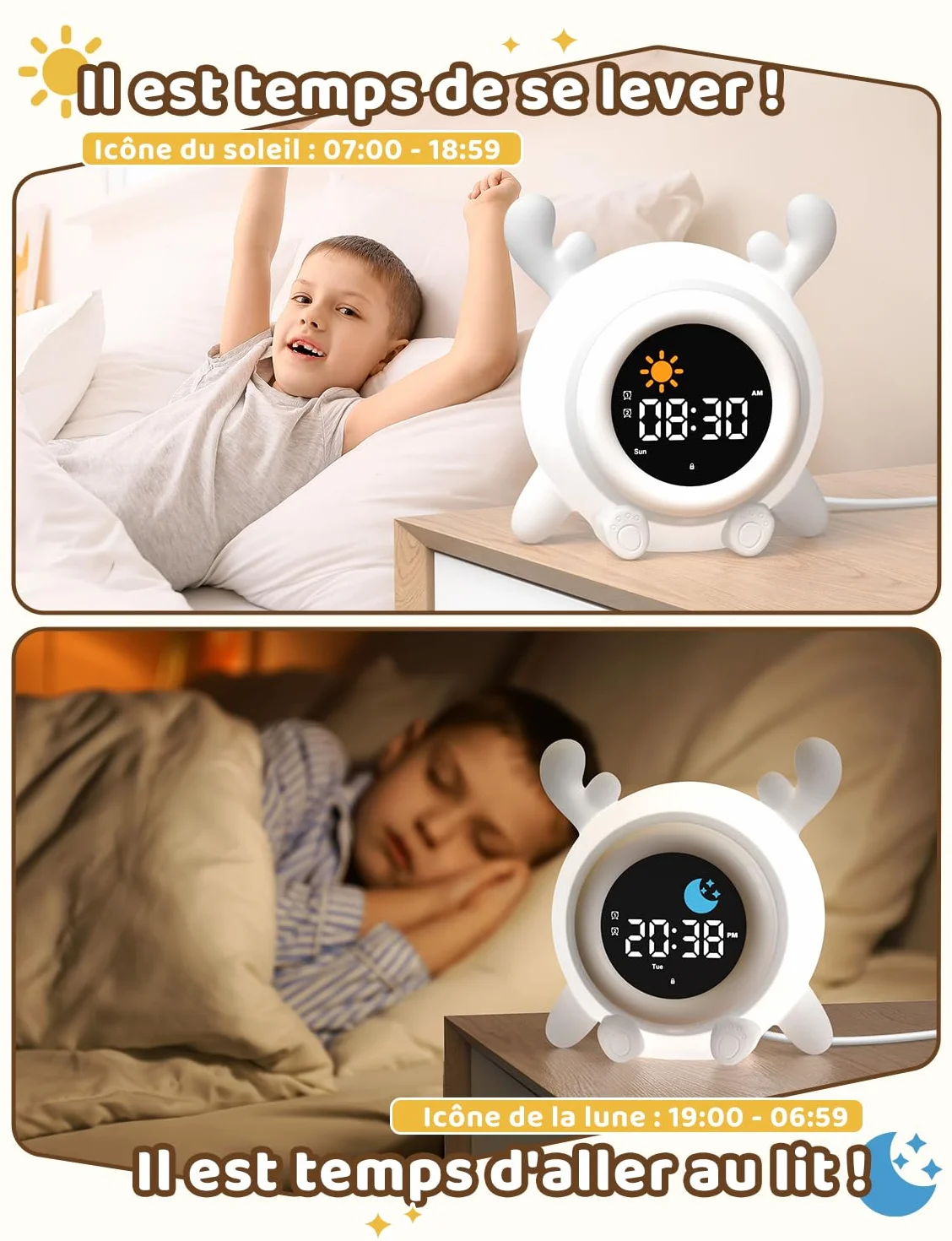 YISSVIC Réveil Enfant Educatif Jour/Nuit 2 Alarme 12/24 Heure Snooze Luminosité Réglable 7 Couleurs 10 Chansons