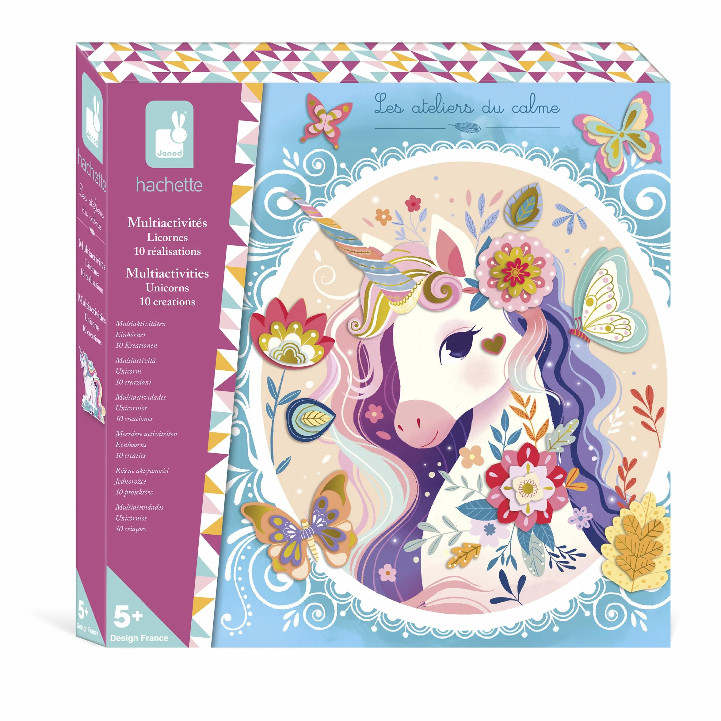 Janod Coffret Créatif Multi-Activités Licorne 13 Activités à Décorer Mosaïques Stickers Brillants Papier Doré Dès 6 Ans