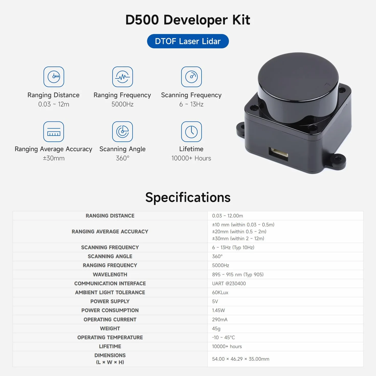 Waveshare D500 Developer Kit DTOF Laser Ranging Sensor 360° Omni-Directional Lidar UART Bus