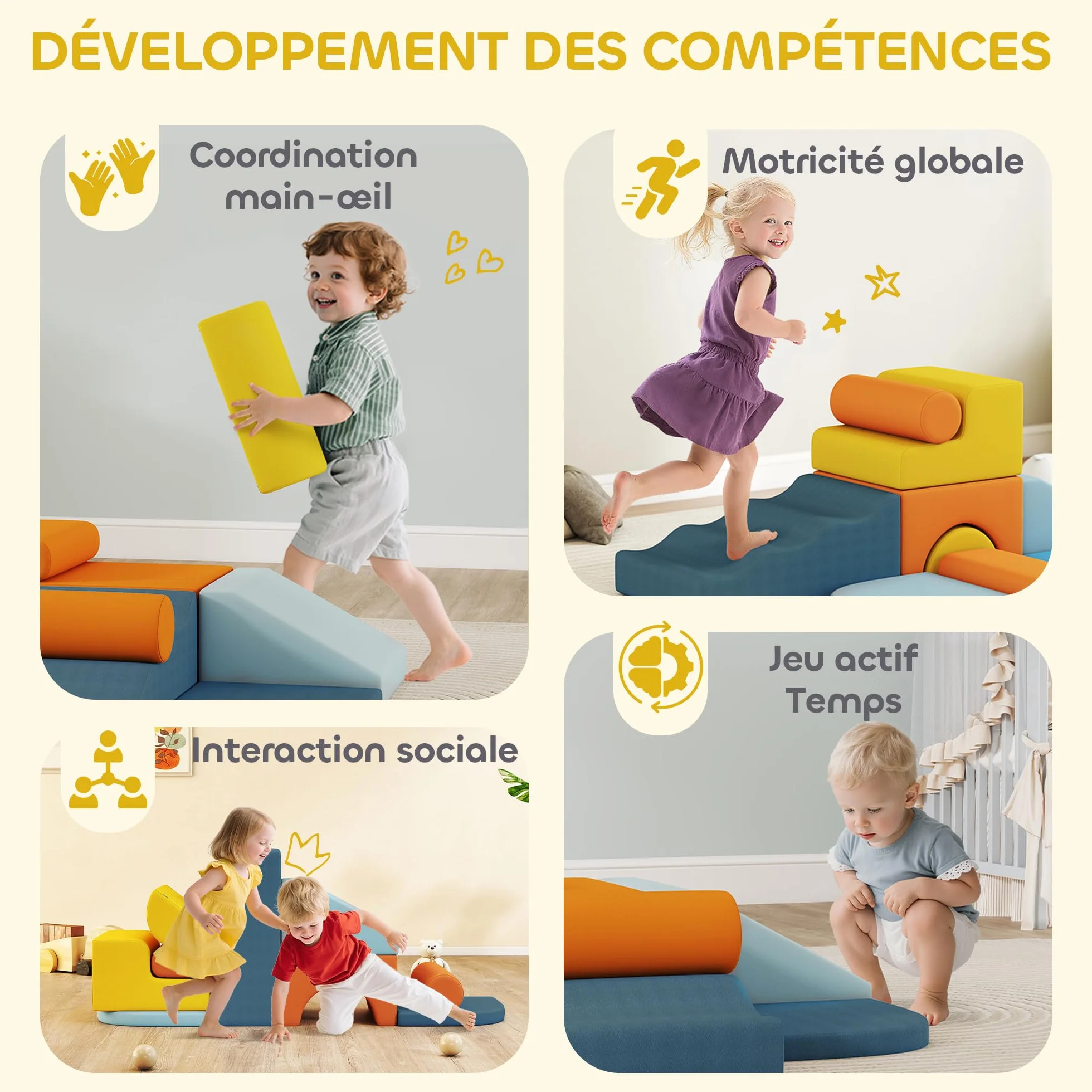 AIYAPLAY Parcours motricité bébé 9PCS, module motricité mousse housse amovible velours, blocs construction jouets éducatifs multicolore
