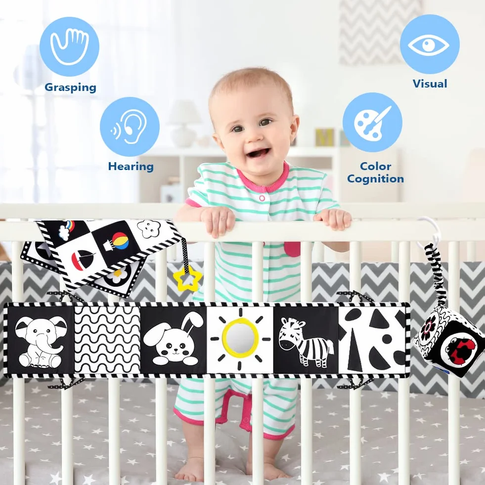 Jouets sensoriels noirs et blancs à contraste élevé pour bébé 0-12 mois, ensemble Montessori avec anneau de dentition et hochet