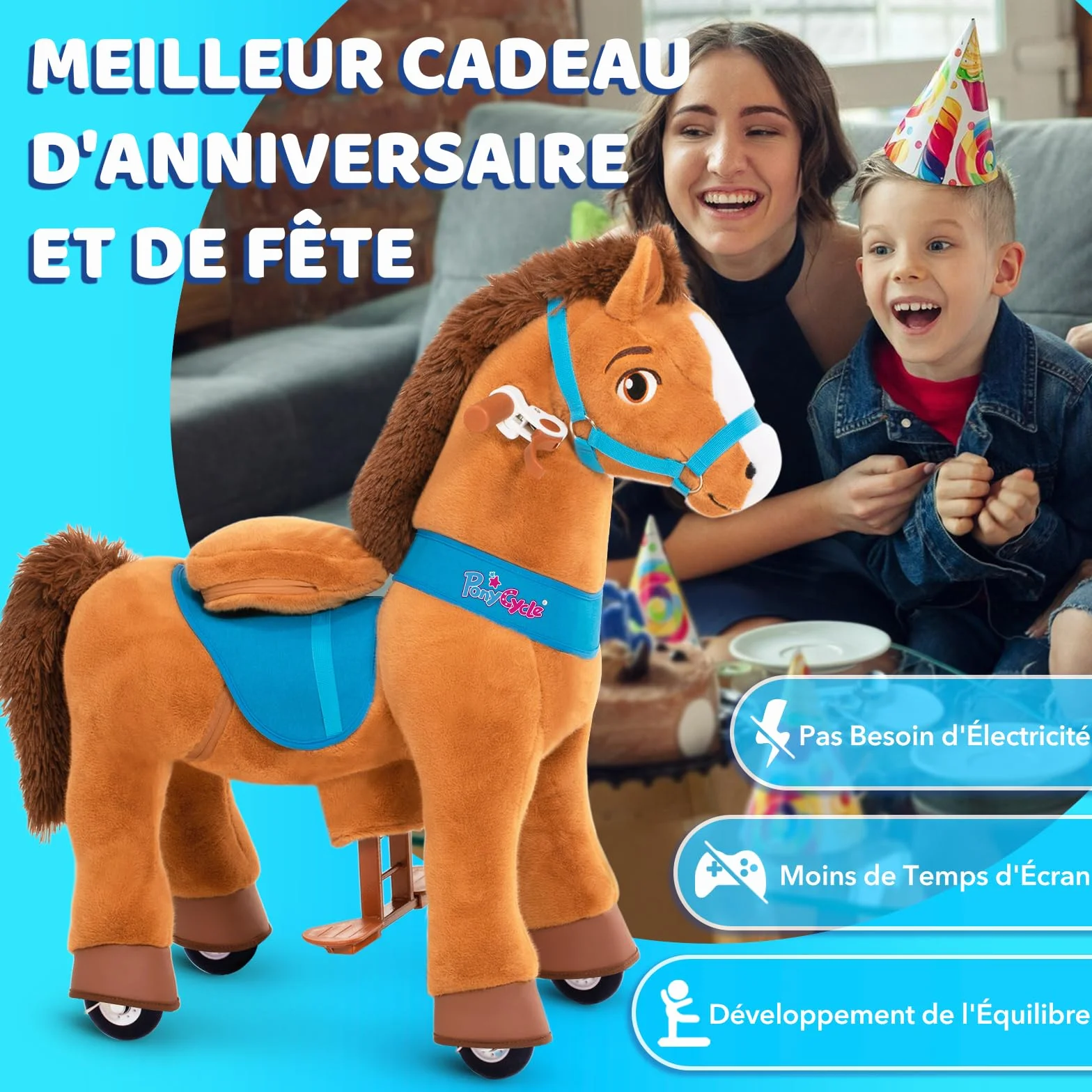 PonyCycle Essentiel Modèle E Cheval à Monter avec Roulettes et Frein Brun Taille 4 pour 4-7 Ans