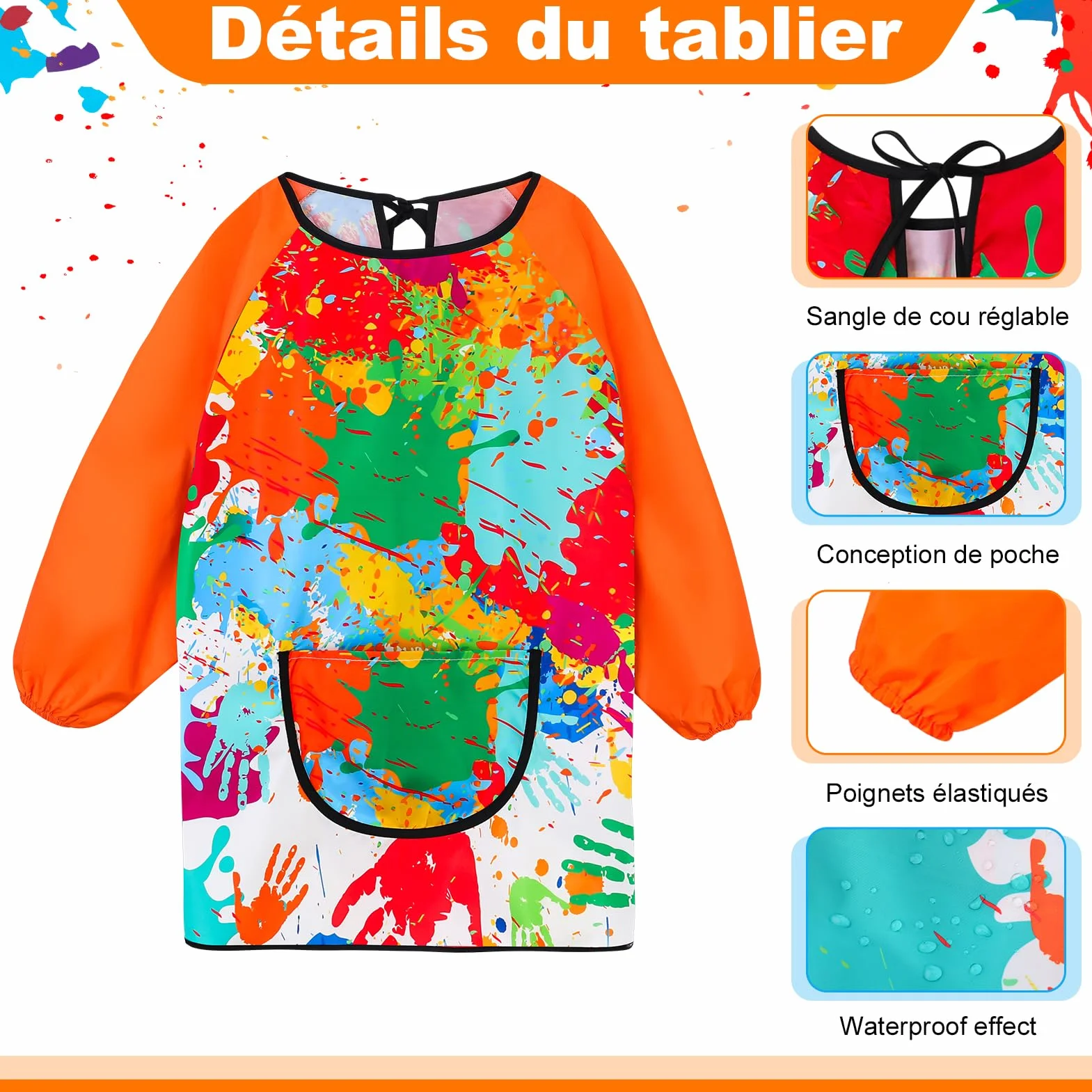 Tablier Peinture Enfant Imperméable Blouse 7-12 ans avec Poche Réutilisable