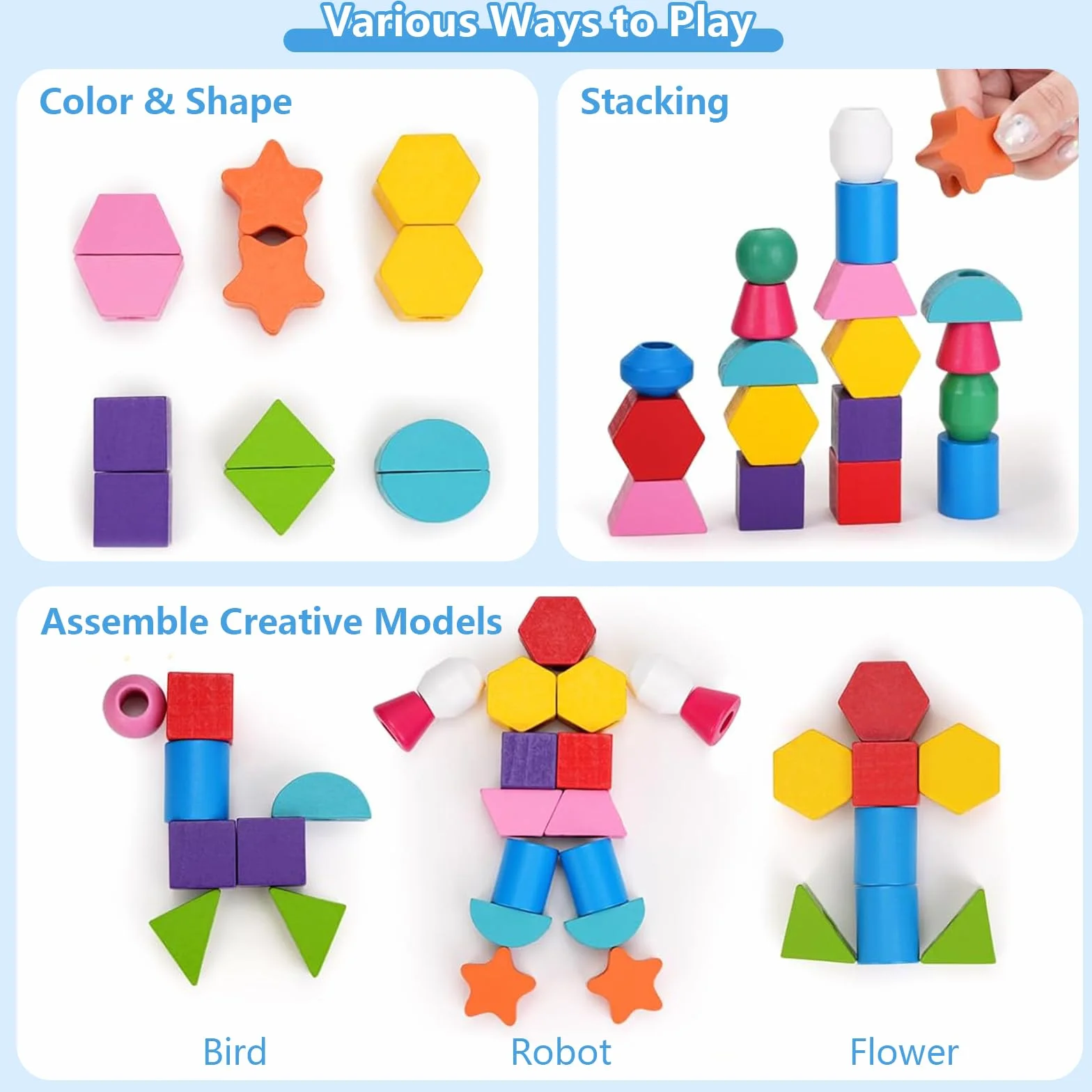 Jouet Montessori 3 en 1 pour Enfants 2-4 Ans Perles en Bois à Enfiler, Jeu de Tri et Empilage Éducatif