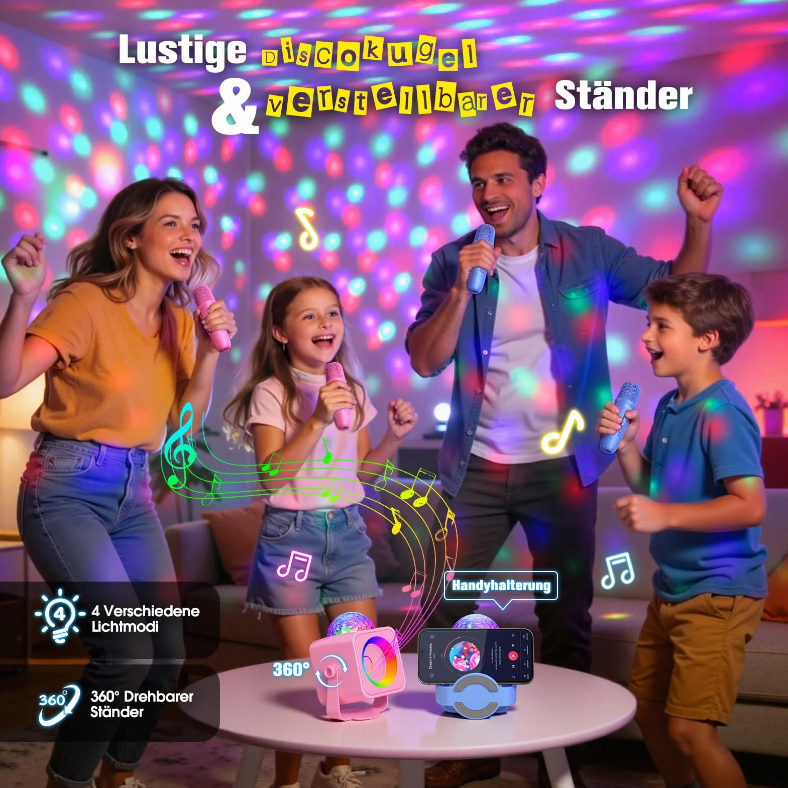 Micro Karaoke Enfant Adulte avec Lumières LED Disco et Support Amovible, Jouet Fille 3-15 Ans