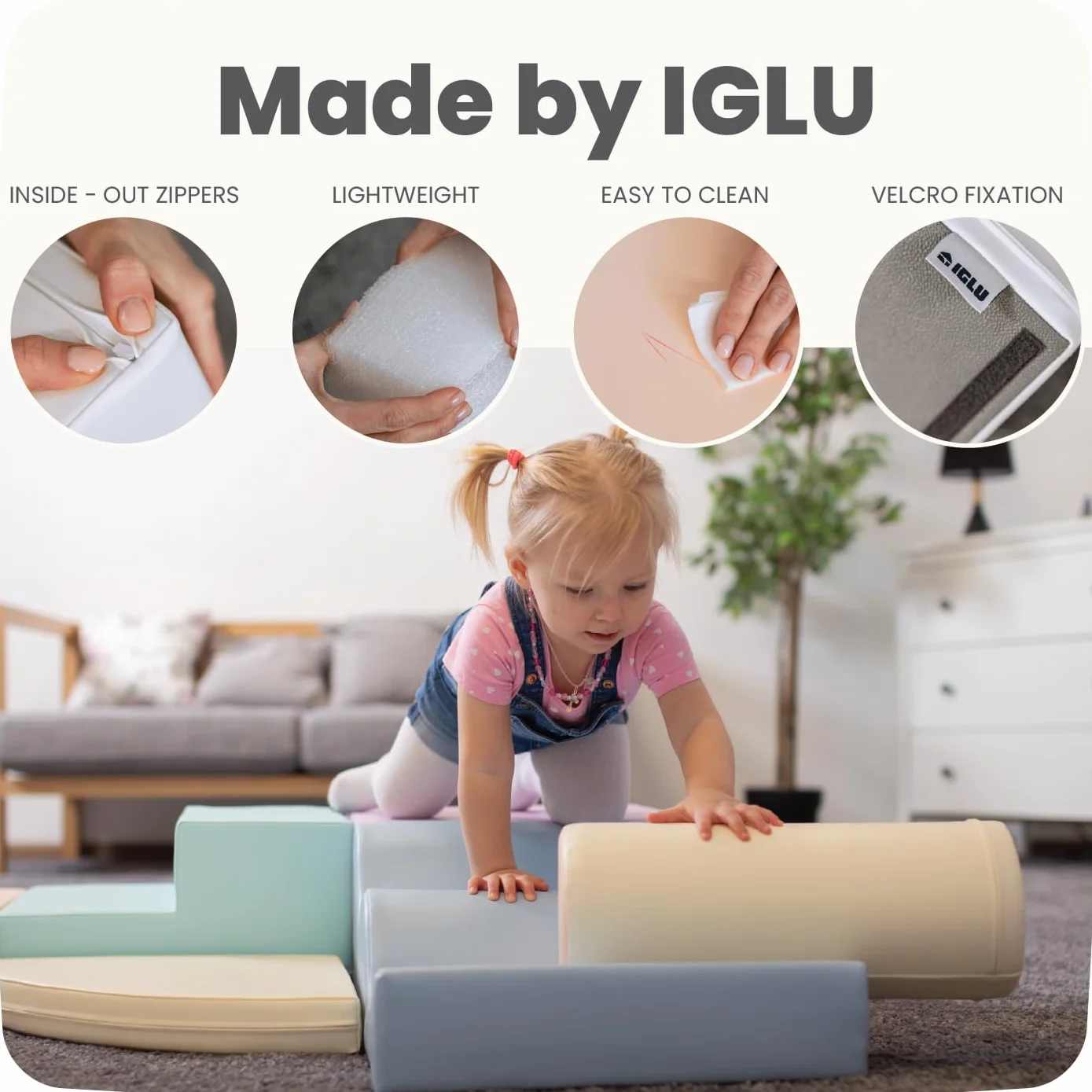 IGLU Soft Play Explorer Montessori 6 Modules de Motricité en Mousse Toboggan d’Intérieur pour Bébé et Enfant (Pastel)