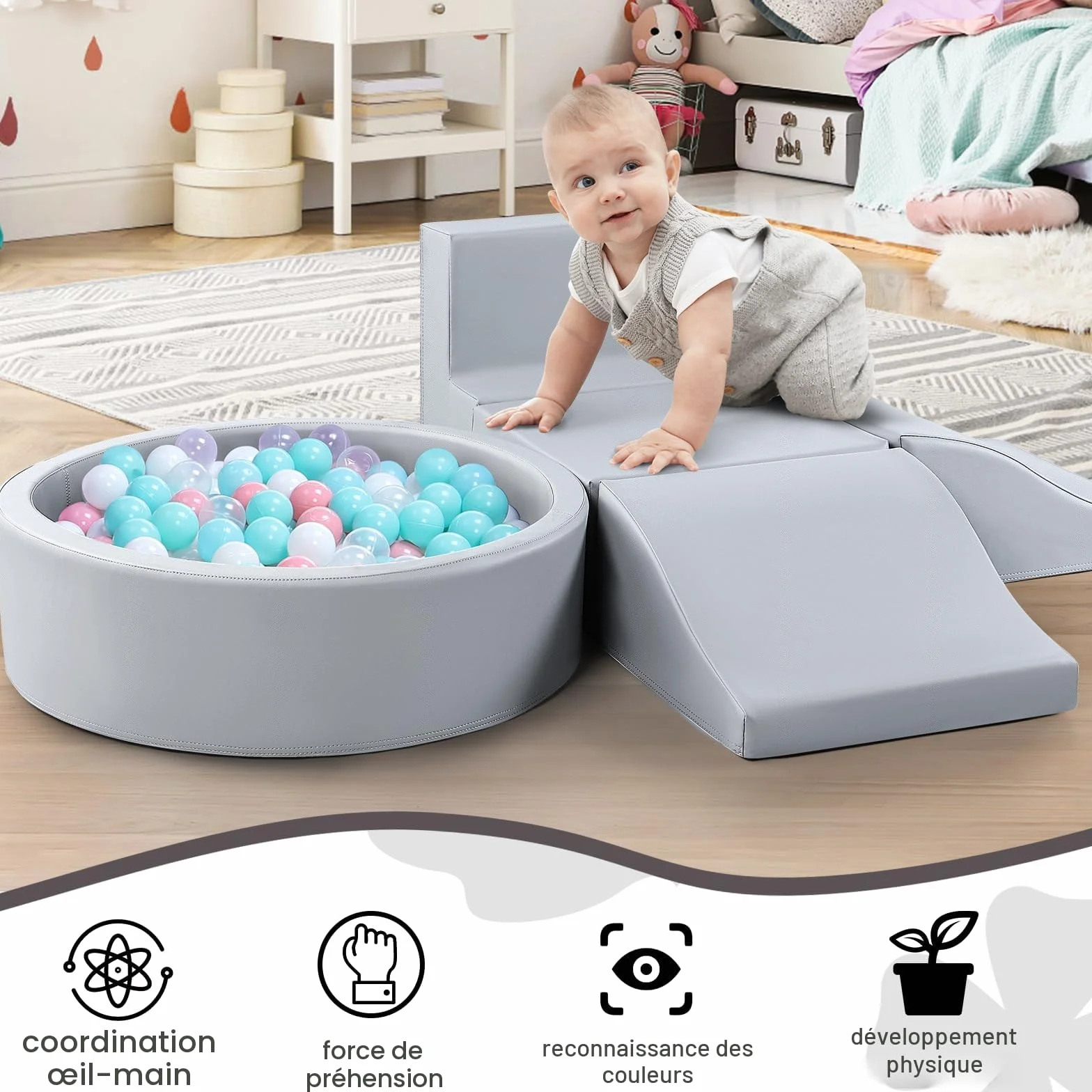 SweHouse Série de 5 pièces Équipement de Jeu en Tissu, Bain de Ballons et Fosse pour Enfants, Jouets d'escalade, Blocs en Mousse Gris