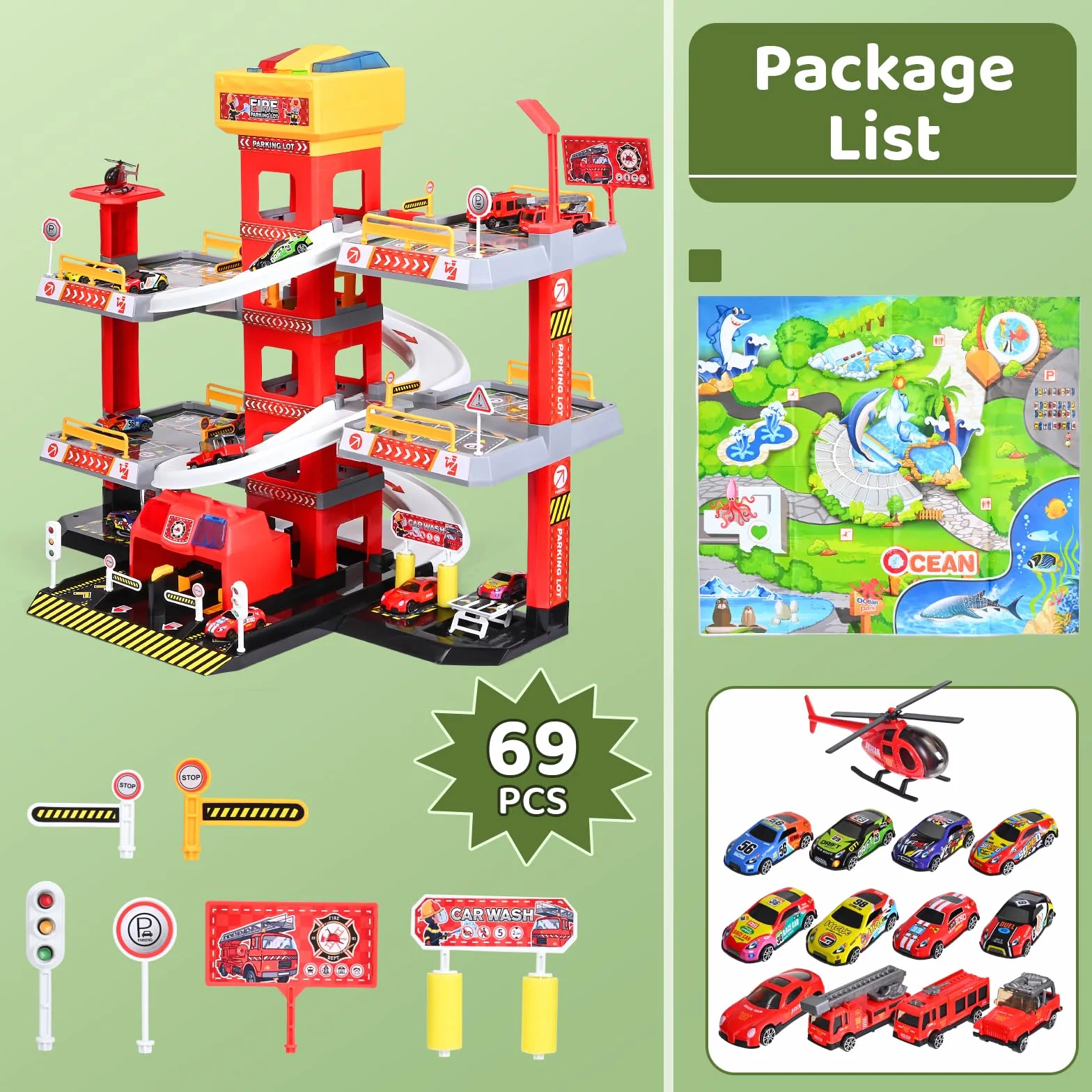 Circuit Voiture Enfant Camion Pompier, Garage Voiture 5 Niveaux Ascenseur Électrique, Parking Jouet Son et Lumière, 12 Voitures et 1 Hélicoptère, 3-9 Ans