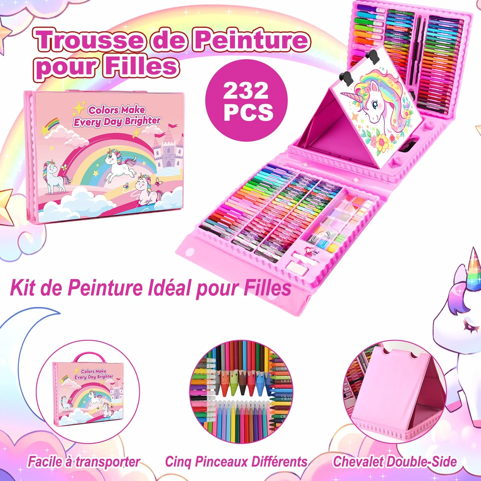 Mallette Dessin Enfant 230 Pièces Kit Coloriage Crayons Couleur Pastels Huile Stylos Aquarelle Cadeau Fille 3-10 Ans