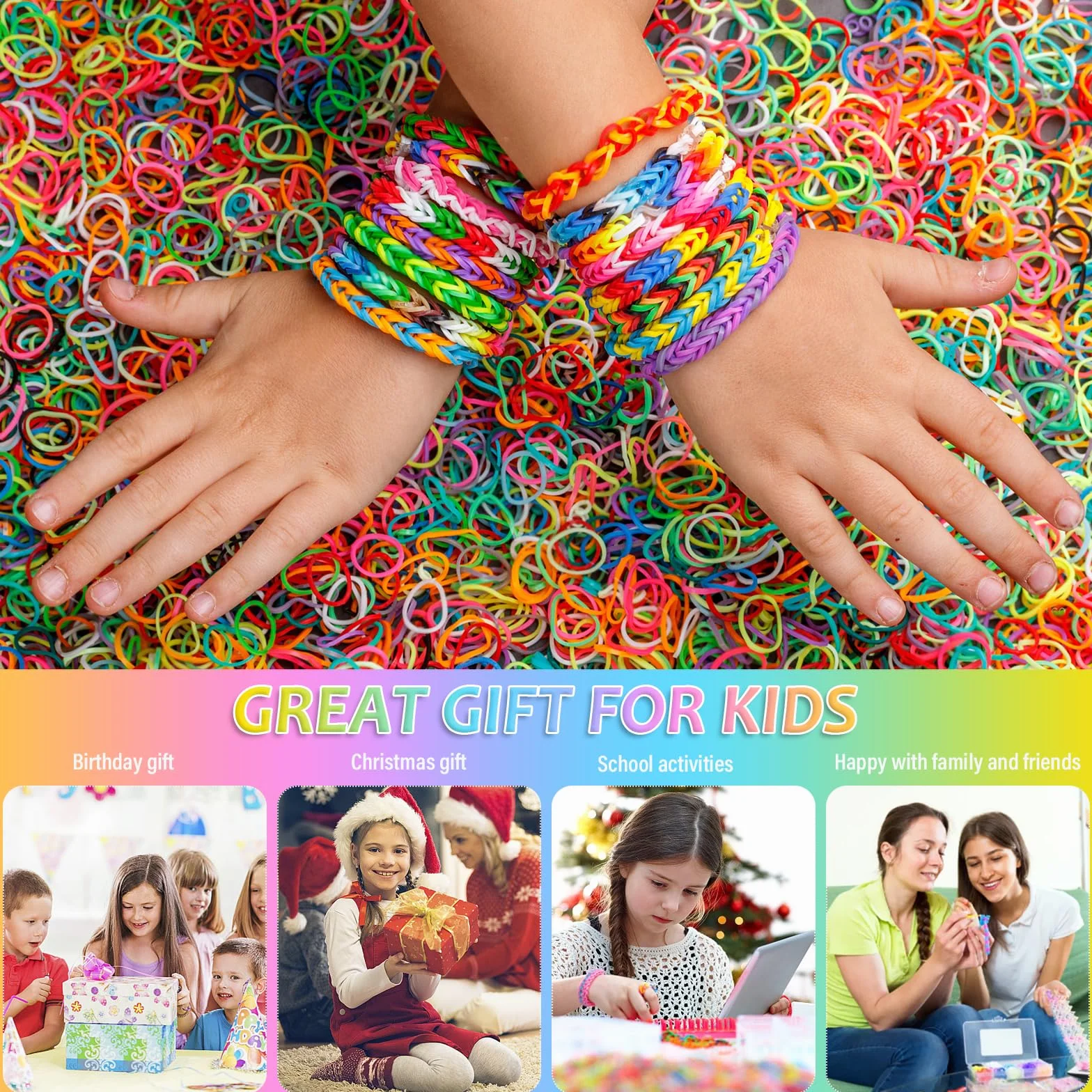 AOKITO 2500 Bracelet Kit Élastique 32 Couleurs Loom Bands avec Pendentifs Clips Perles Boîte Rangement Enfant