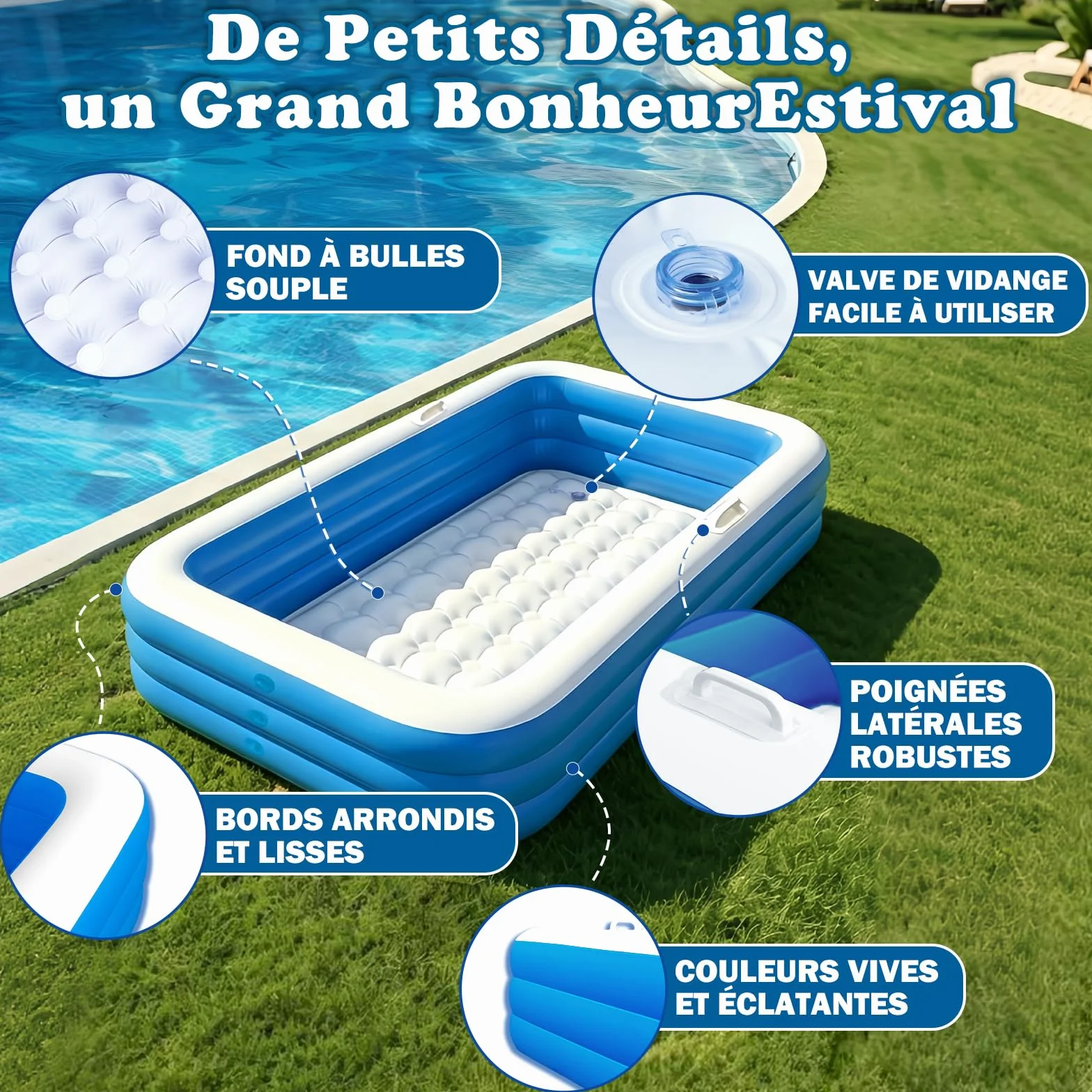 Piscine Gonflable Enfants Rectangulaire avec Ballons et Pistolets à Eau, Pataugeoire pour Jardin Extérieur Été (Bleu)