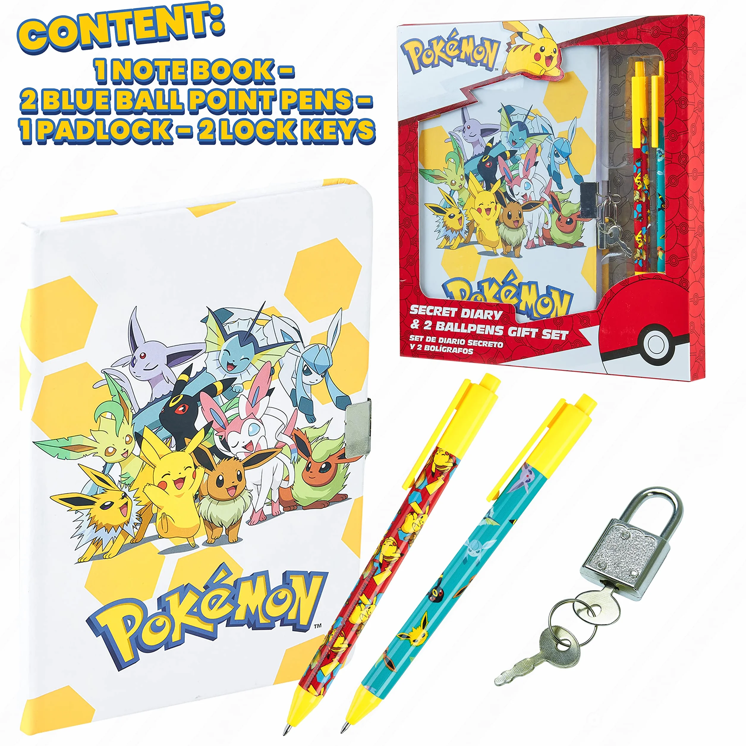 Pokémon Ensemble de Fournitures de Papeterie – Journal Avec Cadenas, Carnet, Trousse, Stylos Jaune/Blanc