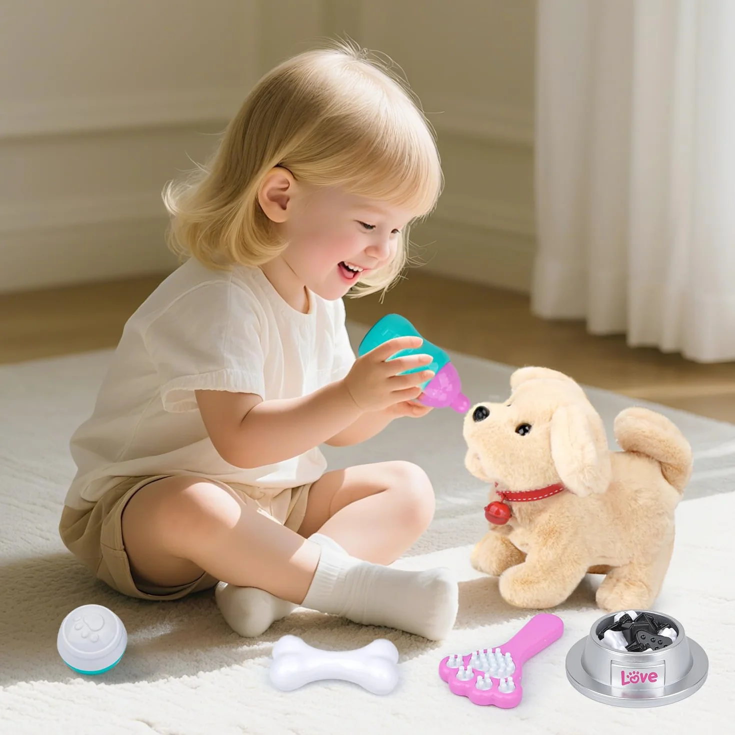 Peluche Chien Interactif qui Court et Aboie, Jouet Animaux Électronique en Laisse pour Enfants 3-7 Ans