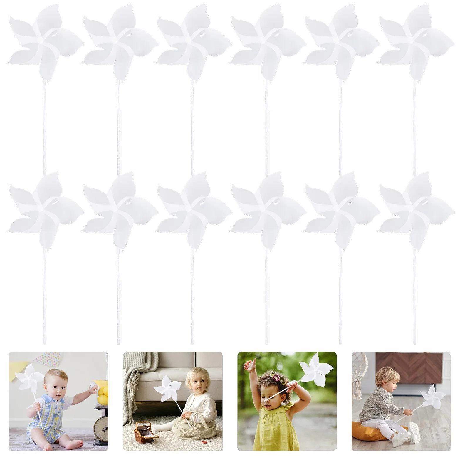 HEMOTON Lot de 24 Moulins à Vent Artisanaux en Plastique Blanc 20 cm, Jouets Créatifs