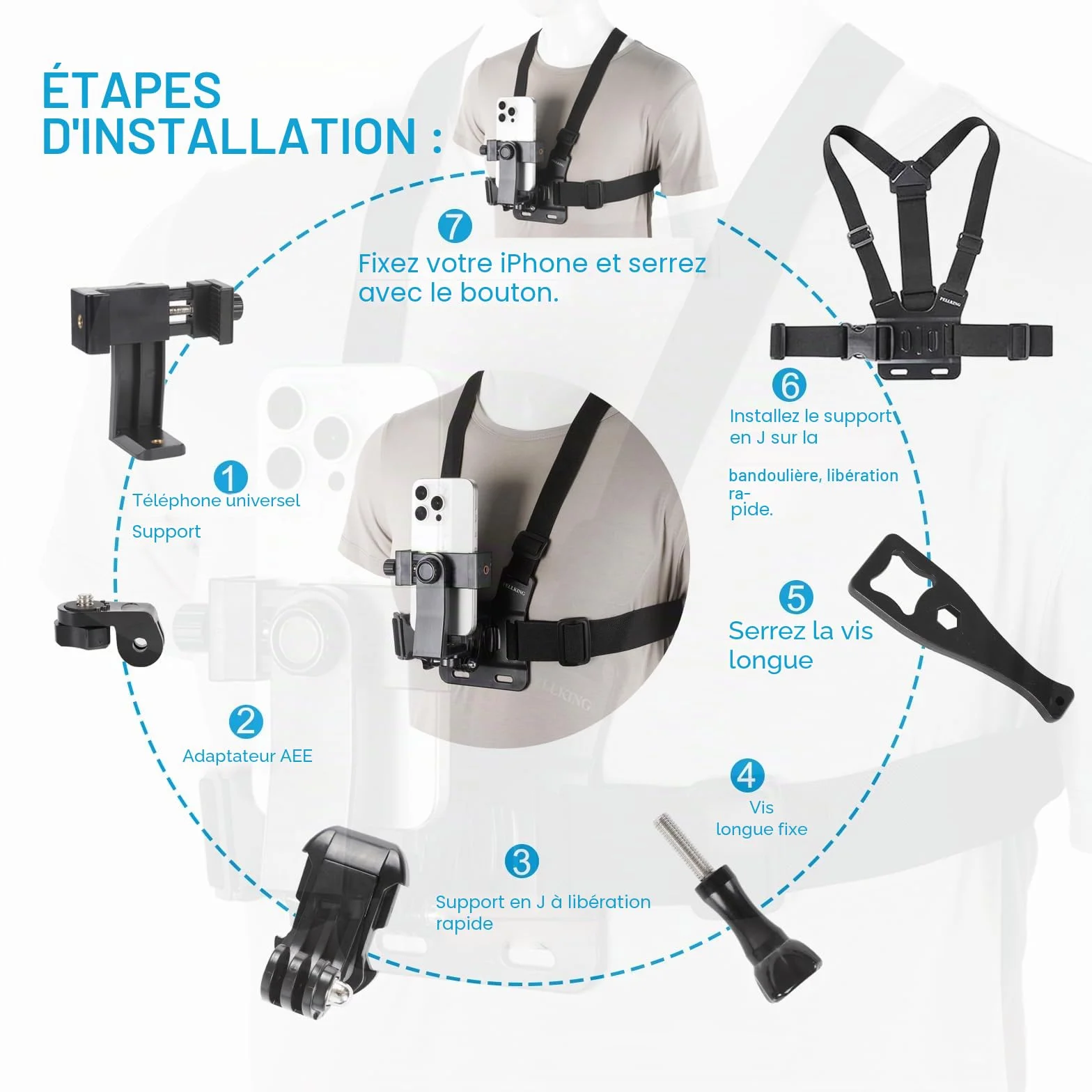 PellKing Harnais de Poitrine pour Téléphone Portable avec Clip pour Caméra d'Action POV