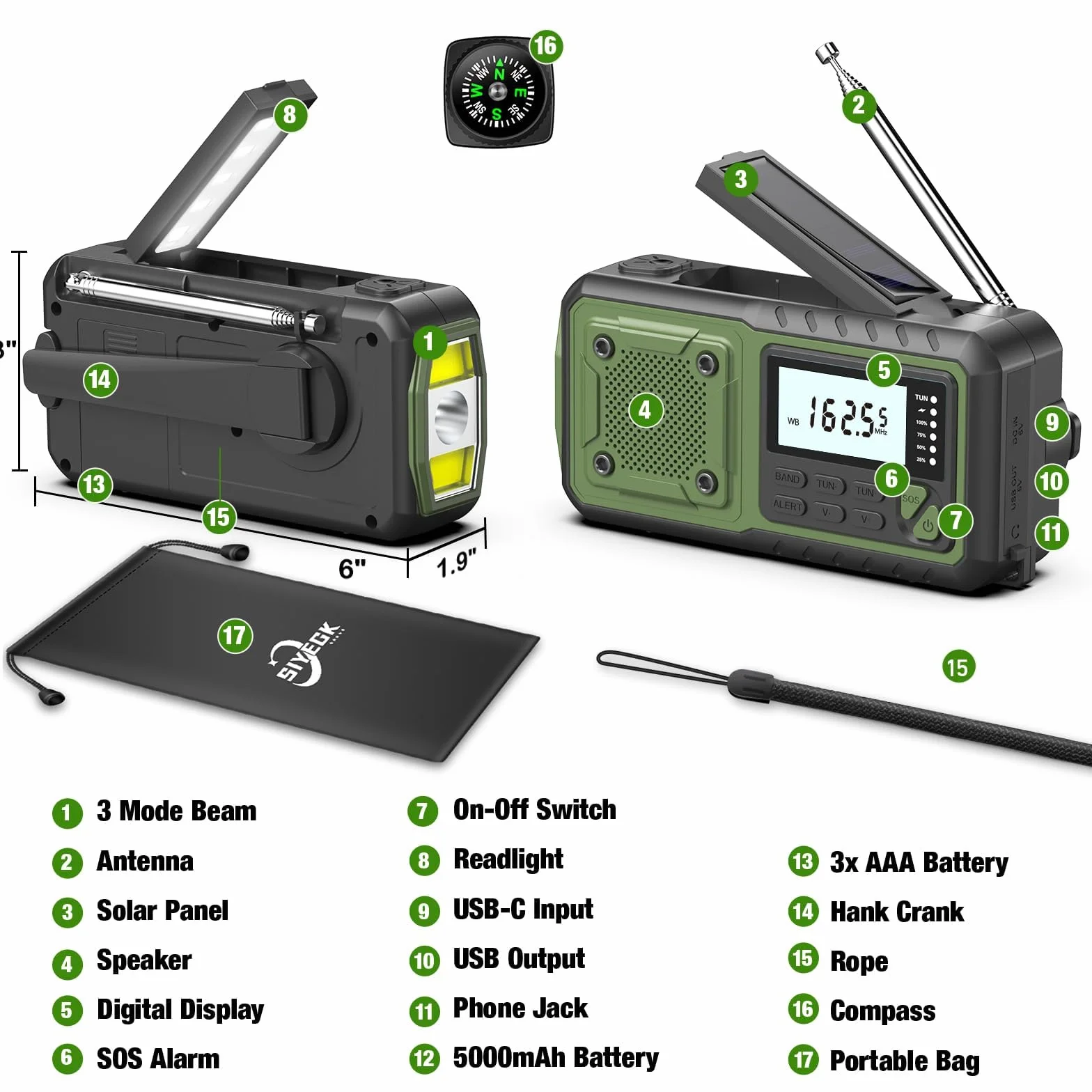 Radio d'urgence à manivelle NOAA/AM/FM 5000 mAh solaire avec alarme SOS et lampe de poche