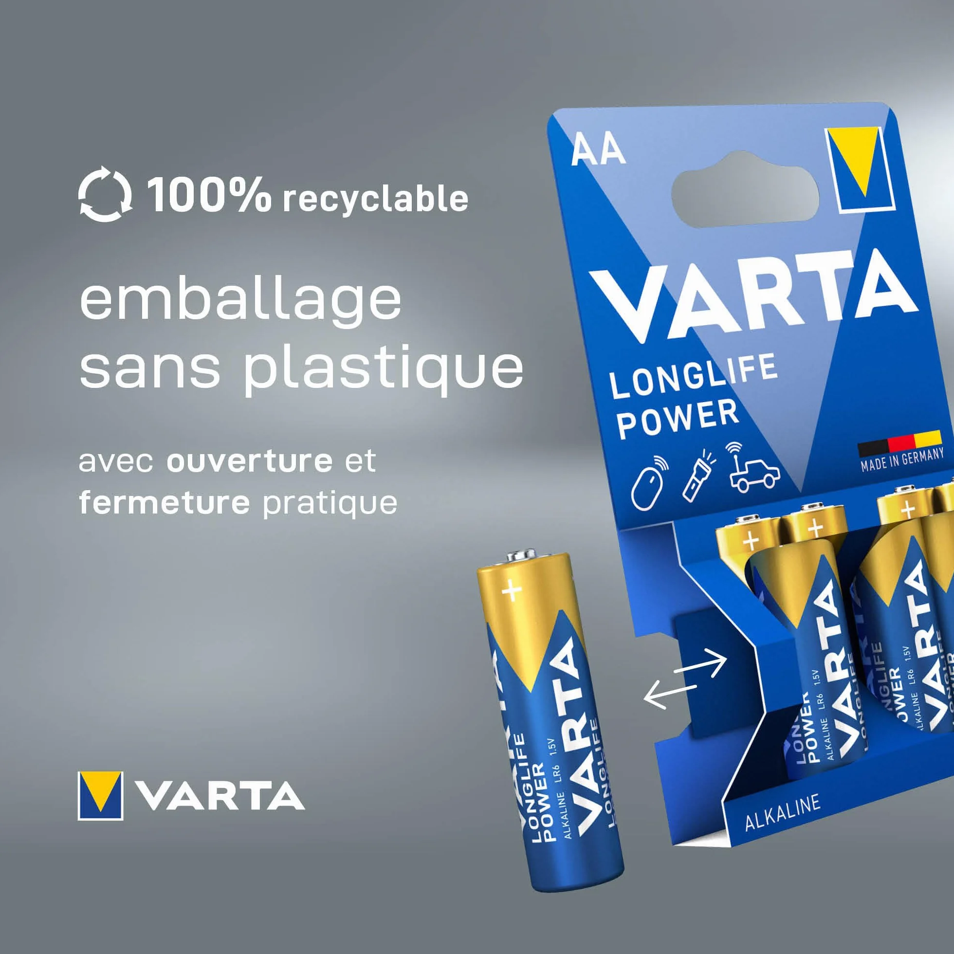 VARTA Piles AA Longlife Power Alcalines 1,5V Lot de 20 Emballage Recyclé Made in Germany