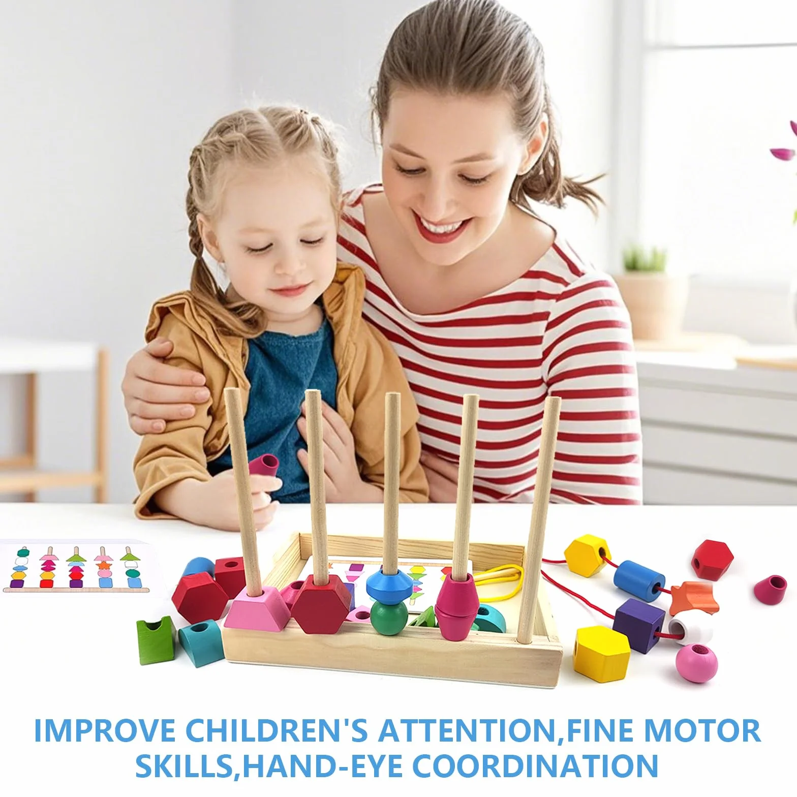Jouet Montessori 3 en 1 pour Enfants 2-4 Ans Perles en Bois à Enfiler, Jeu de Tri et Empilage Éducatif