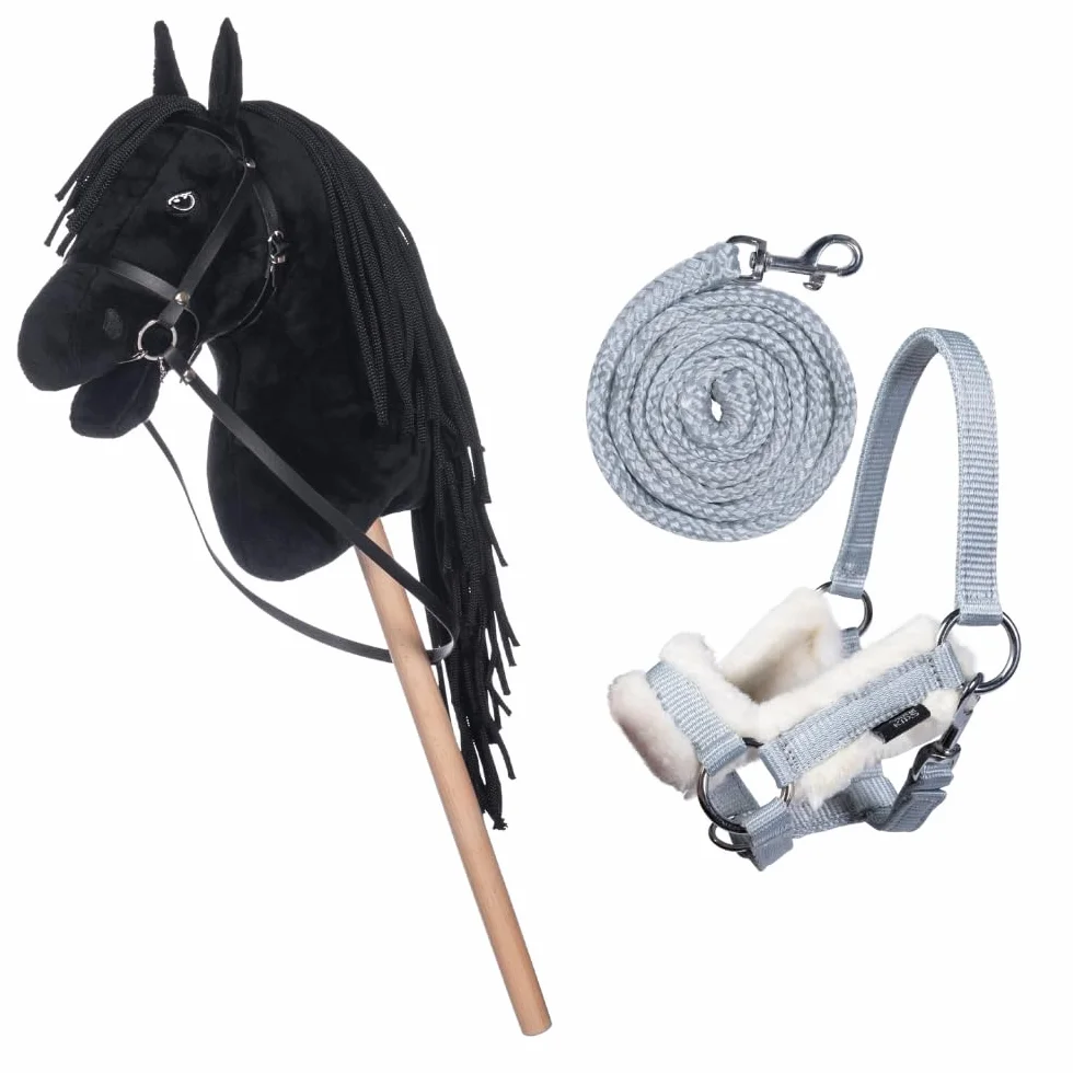 HKM Kids Hobby Horse Cheval de bataille noir avec licol et longe gris
